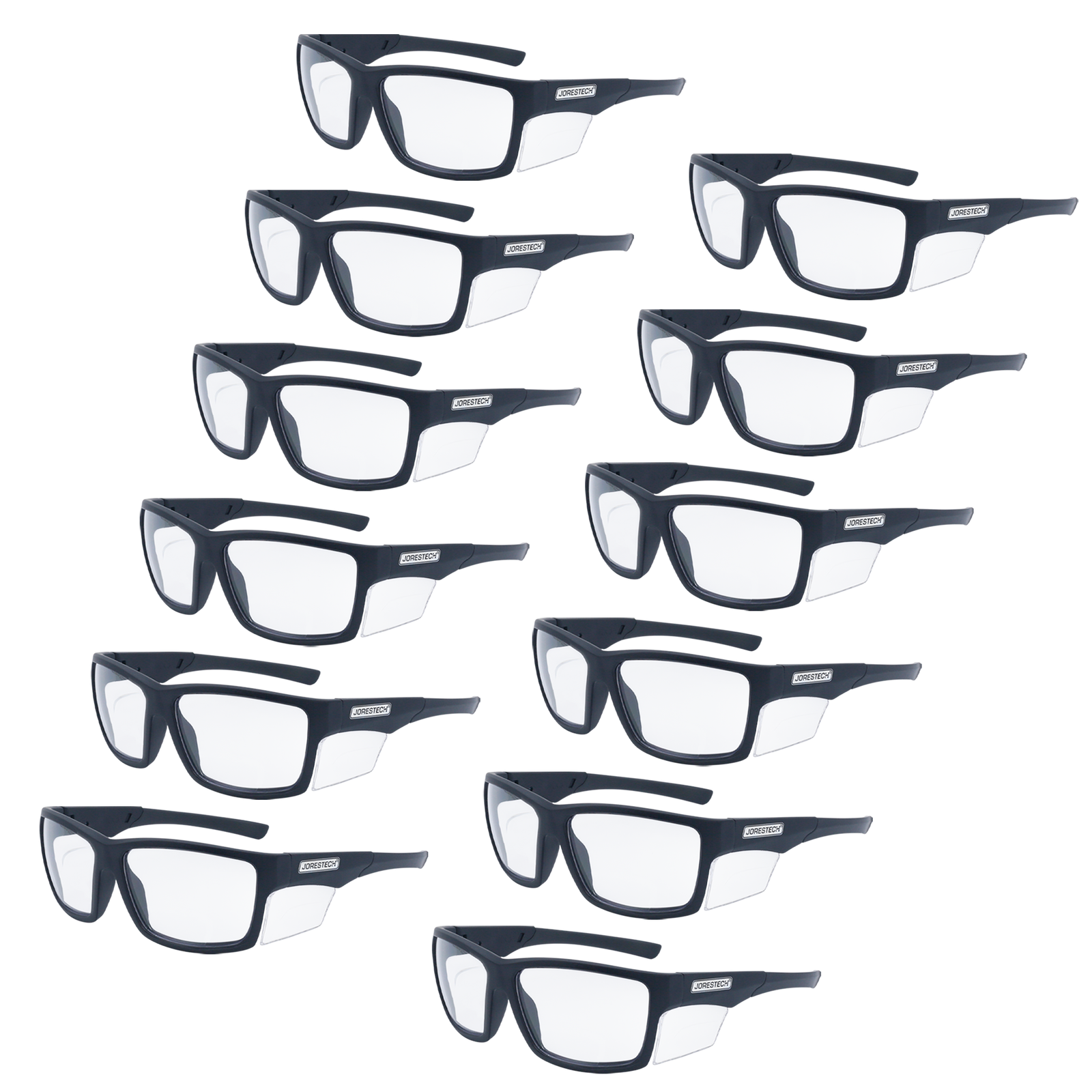 Image shows 12 pairs of JORESTECH clear safety glasses with clear side shield for high impact protection. These ANSI compliant safety glasses have black frame and clear polycarbonate lenses. The background of the image is white