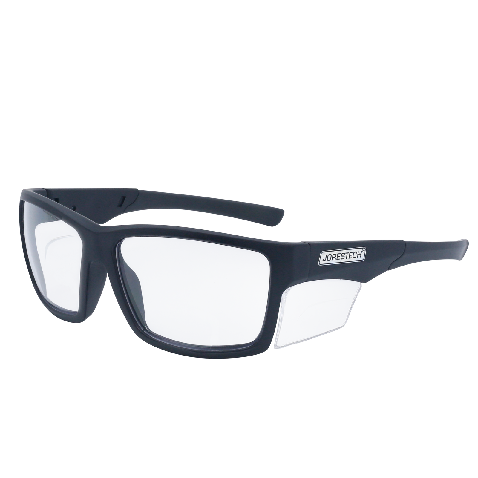 Image shows a diagonal view of a JORESTECH safety clear Glass with transparent side shield for high impact protection. These safety glasses are ANSI compliant and have black frame and clear polycarbonate lenses. The background of the image is white