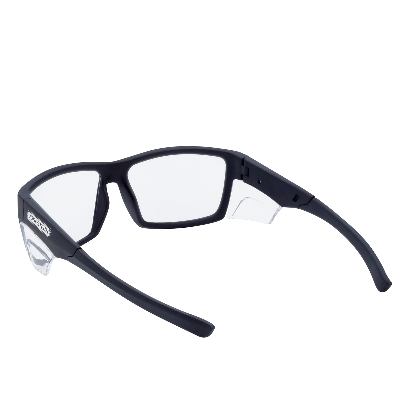 Image shows a back view of a JORESTECH safety Glass with clear side shield for high impact protection. These safety glasses with clear side shields  are ANSI and have black frame and clear polycarbonate lenses. The background of the image is white