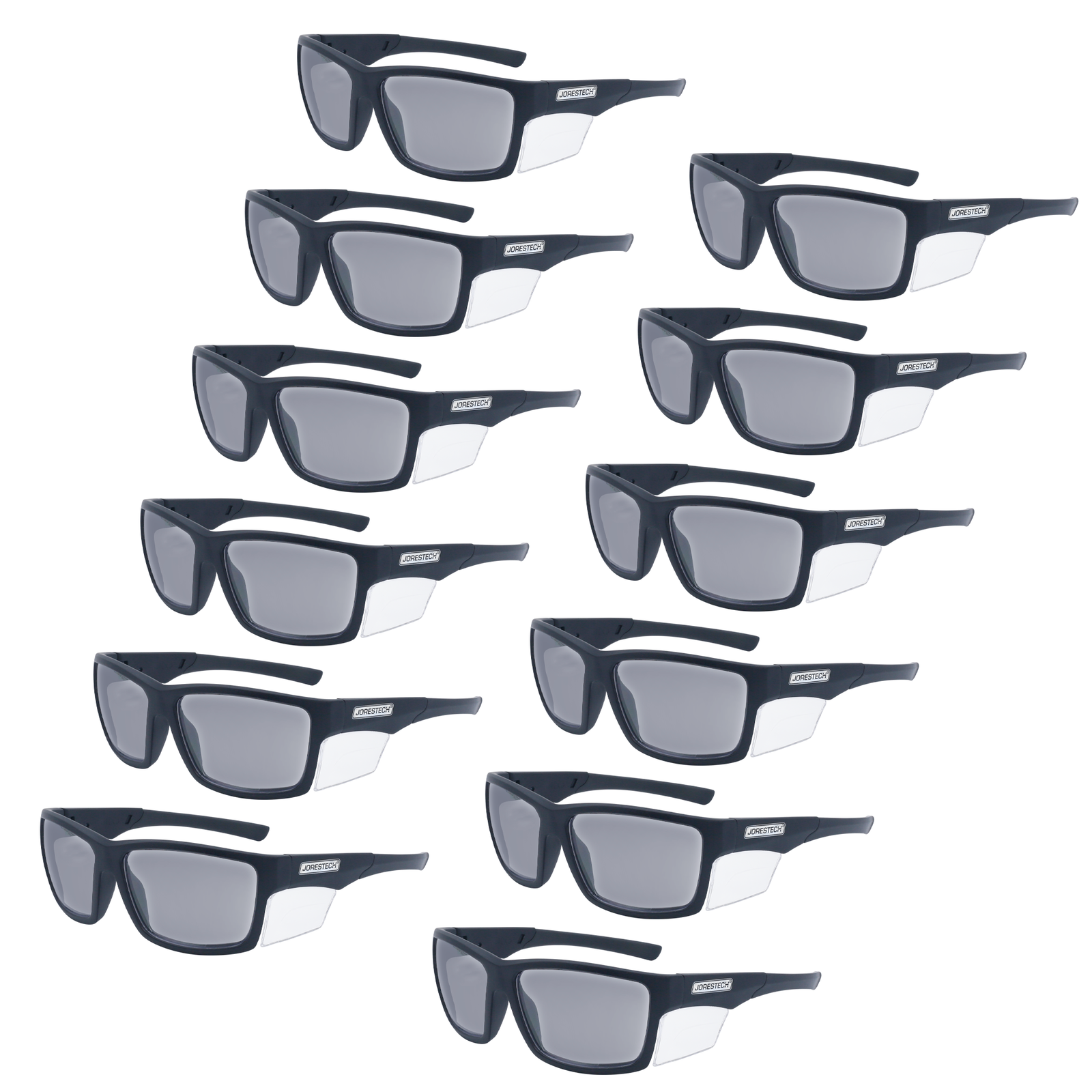 Image shows 12 pairs of JORESTECH smoke safety sun glasses with clear side shield for high impact protection. These ANSI compliant safety glasses have black frame and smoke polycarbonate lenses. The background of the image is white
