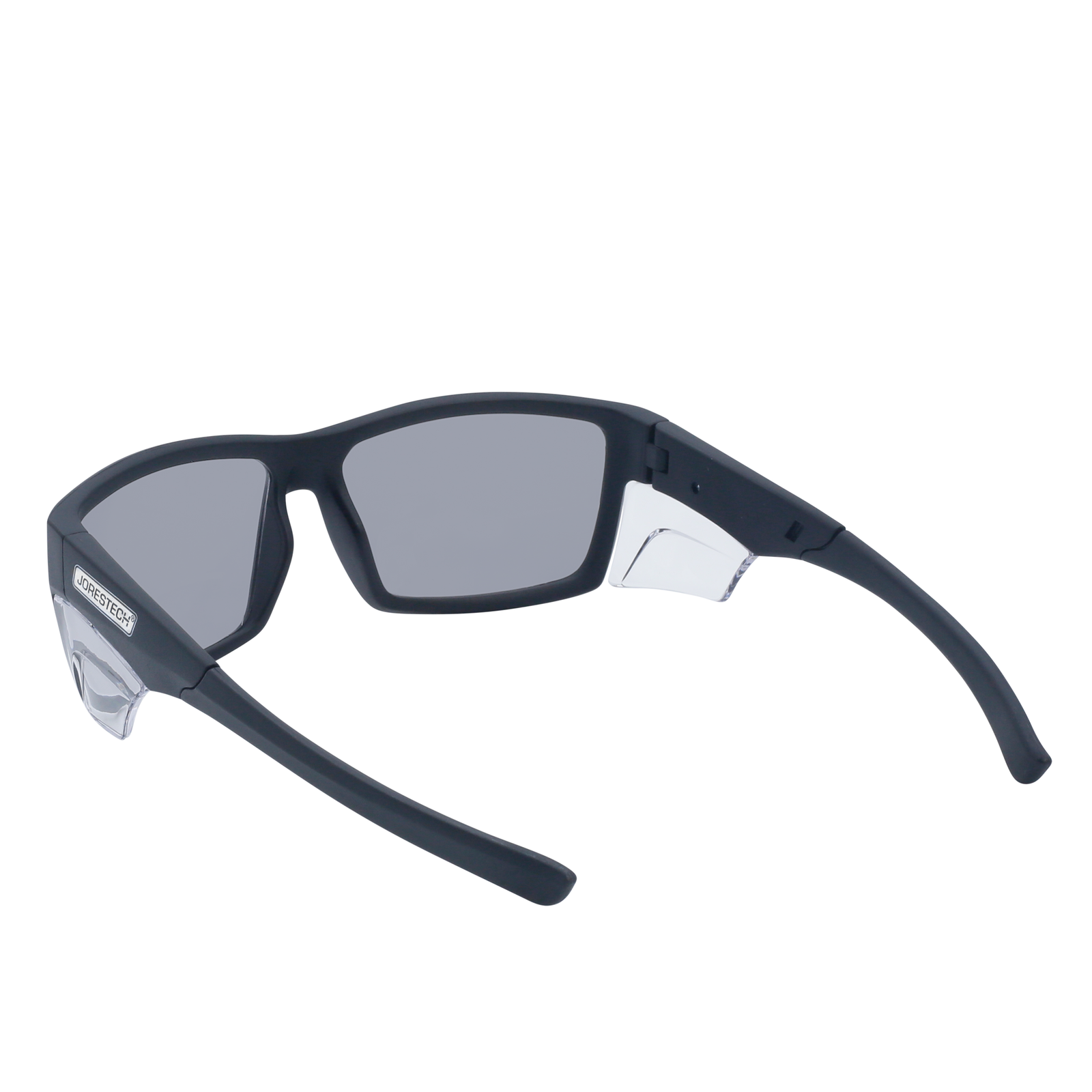 Image show a back view of the JORESTECH safety sun glasses with clear side shields for high impact protection. The background of the image is white.