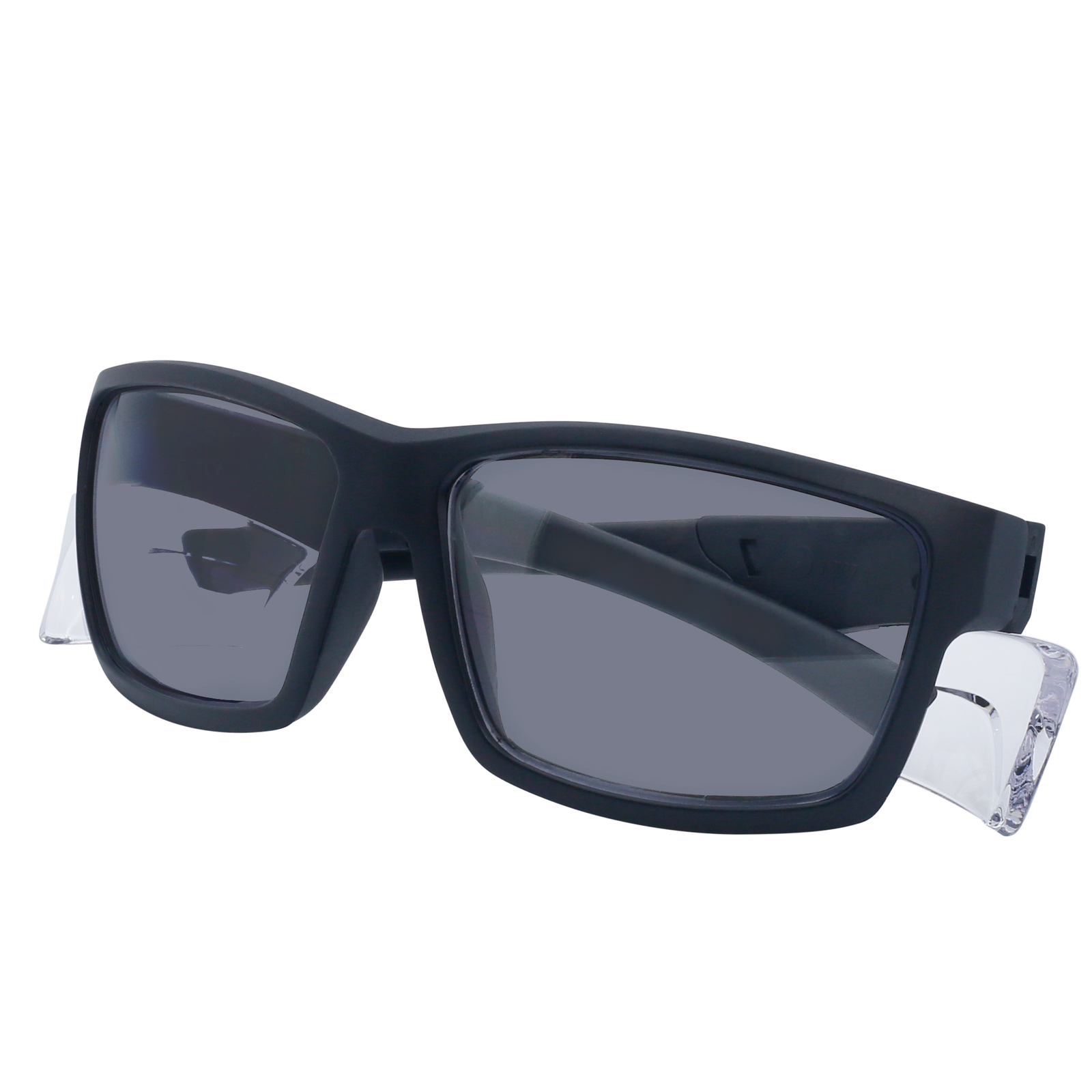 Image shows a diagonal view of the JORESTECH safety sun glasses with clear side shield for high impact protection with the temples closed. These safety glasses with clear side shields are ANSI and have black frame and smoke polycarbonate lenses. The background of the image is white