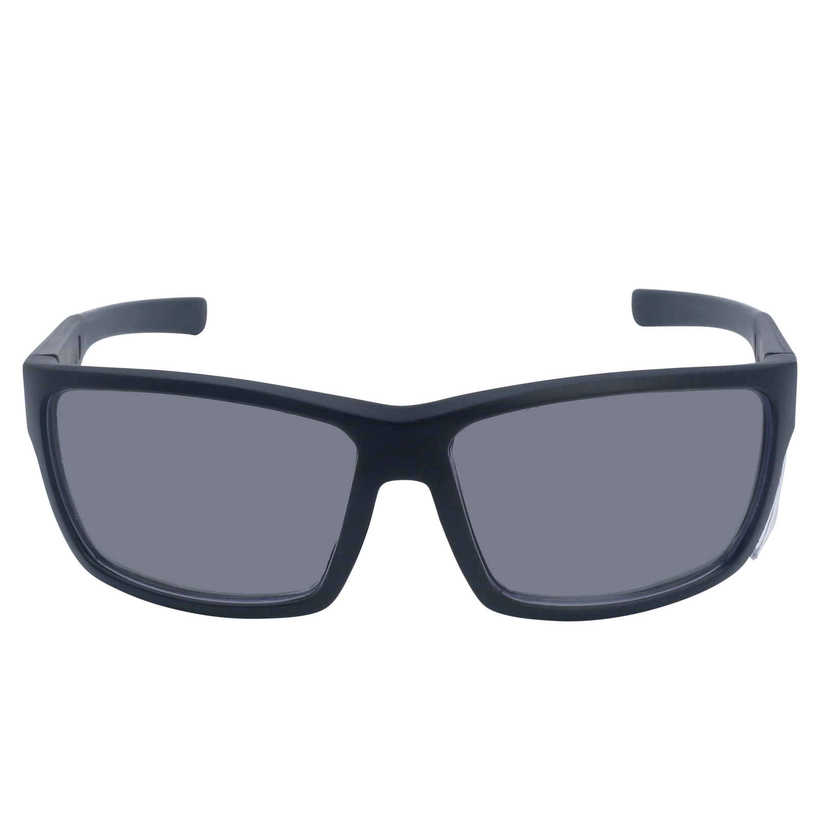 Image shows a front view of the smoke JORESTECH safety sun glasses with clear side shield for high impact protection. These safety glasses are ANSI compliant and have black frame and smoke polycarbonate lenses. The background of the image is white