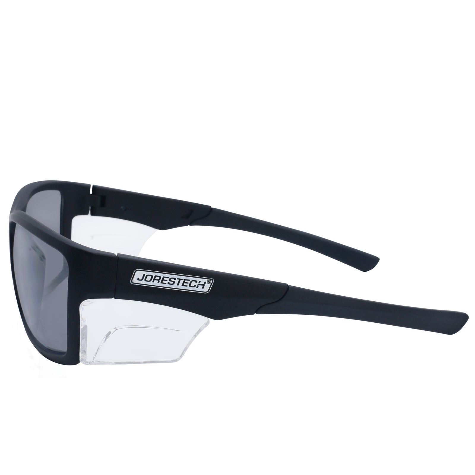 Image shows a side view of the smoke JORESTECH safety sun glasses with clear side shield for high impact protection. These safety glasses with clear side shields  are ANSI com[pliant and have black frame and smoke polycarbonate lenses. The background of the image is white