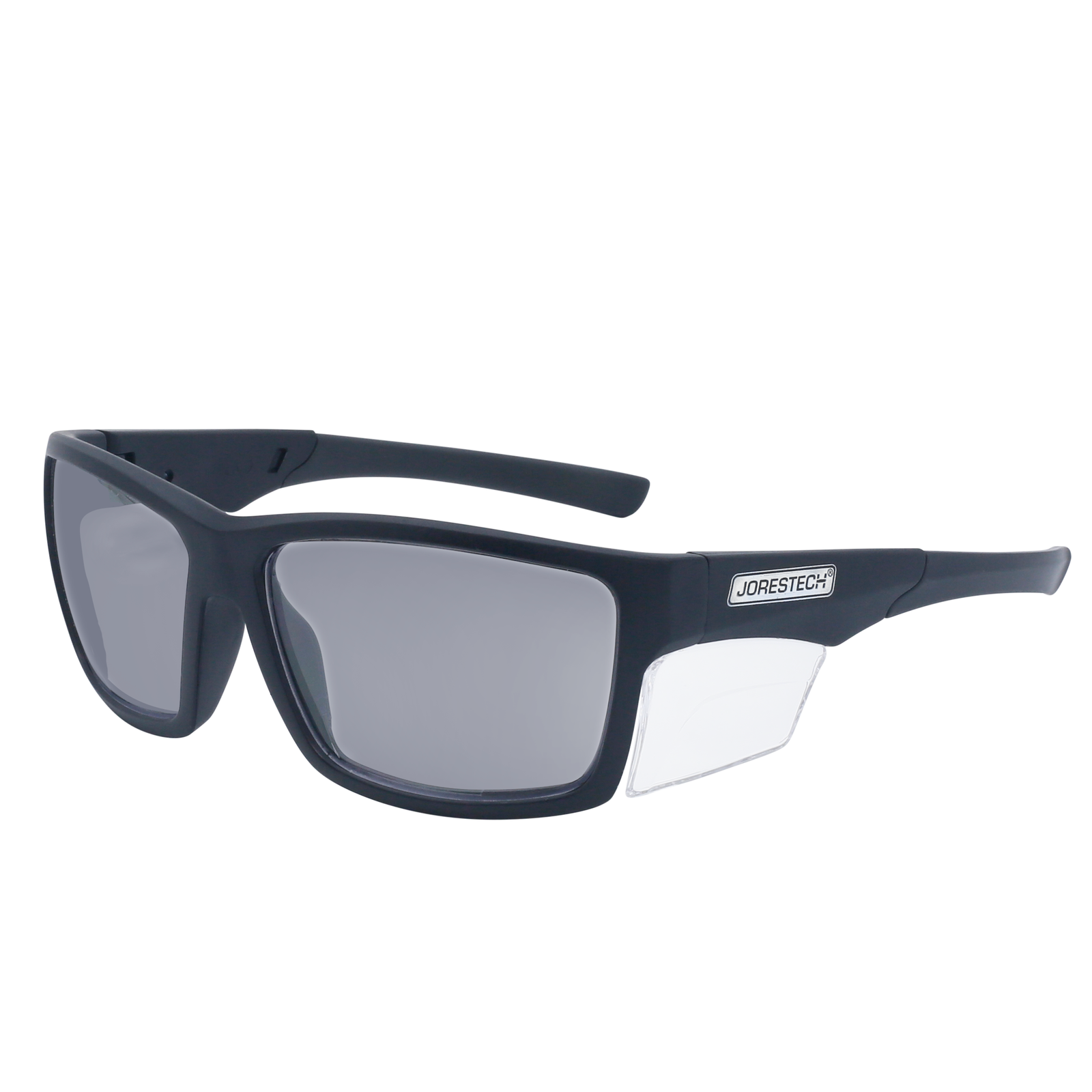 Image shows a diagonal view of the smoke JORESTECH safety eyeglasses with transparent side shield for high impact protection. These safety glasses are ANSI compliant and have black frame and smoke polycarbonate lenses. The background of the image is white