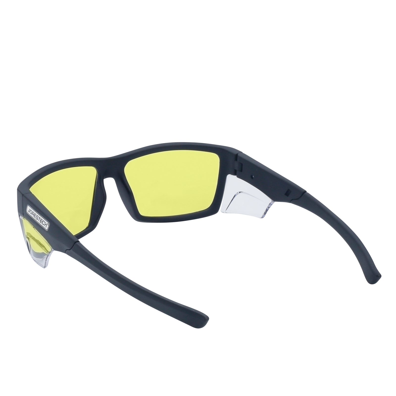 Image shows a back view of the yellow JORESTECH safety Glass with clear side shield for high impact protection. These safety glasses with clear side shields  are ANSI and have black frame and yellow polycarbonate lenses. The background of the image is white