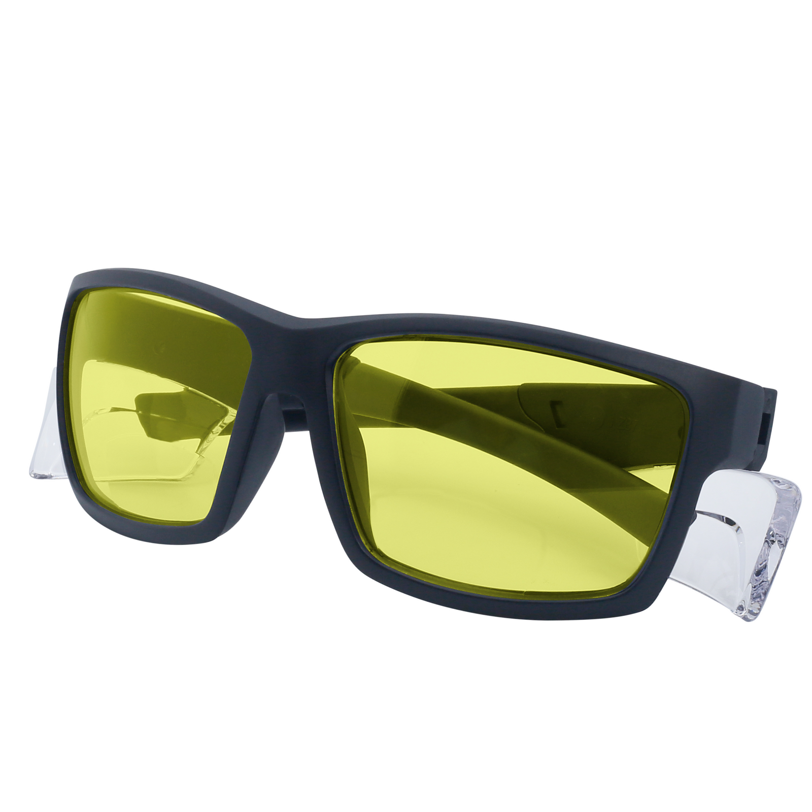 Image shows a diagonal view of a JORESTECH safety Glass with clear side shield for high impact protection with the temples closed. These safety glasses with clear side shields  are ANSI and have black frame and clear polycarbonate lenses. The background of the image is white