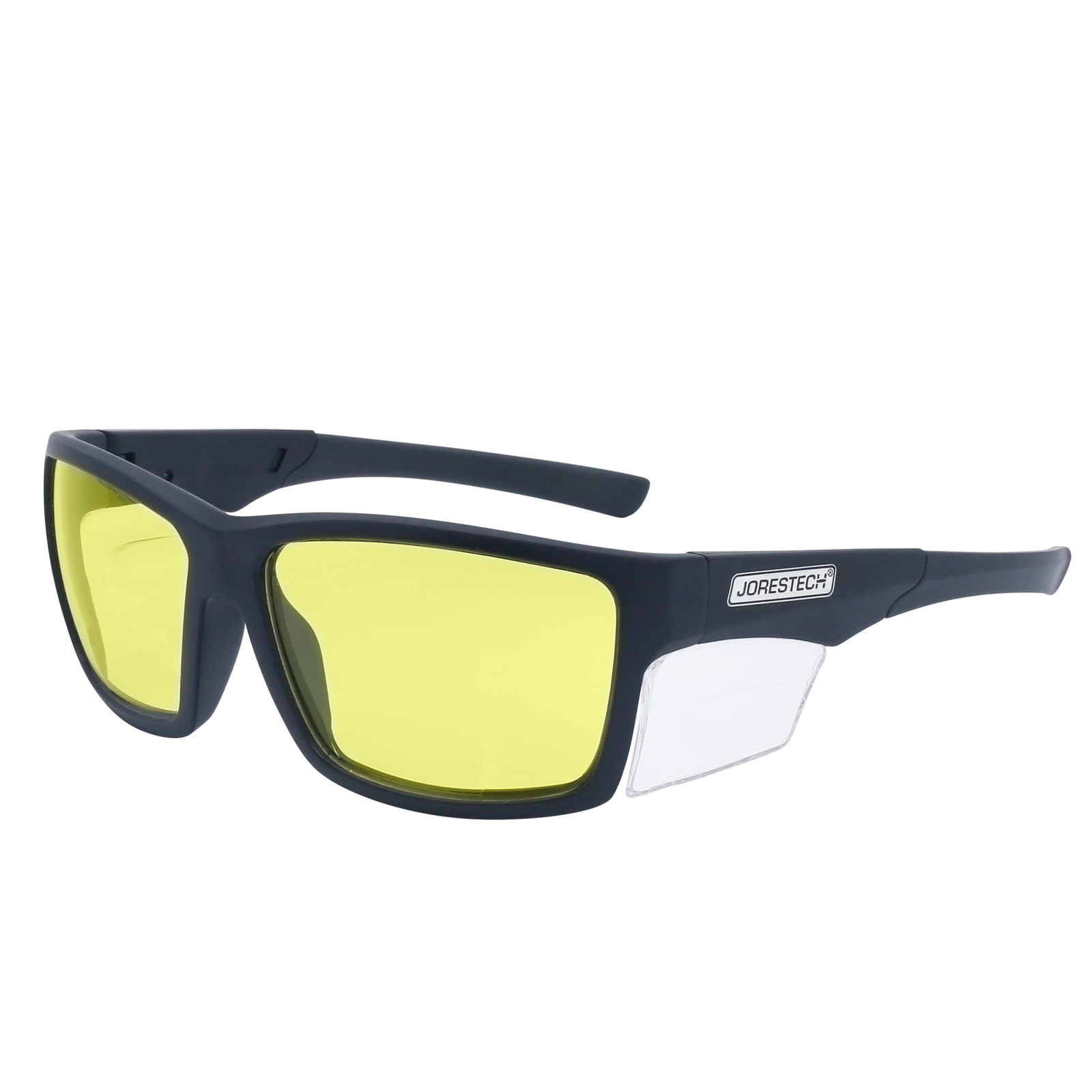 Image shows a diagonal view of a JORESTECH safety yellow eyeglasses  with transparent side shield for high impact protection. These safety glasses are ANSI compliant and have black frame and yellow polycarbonate lenses. The background of the image is white
