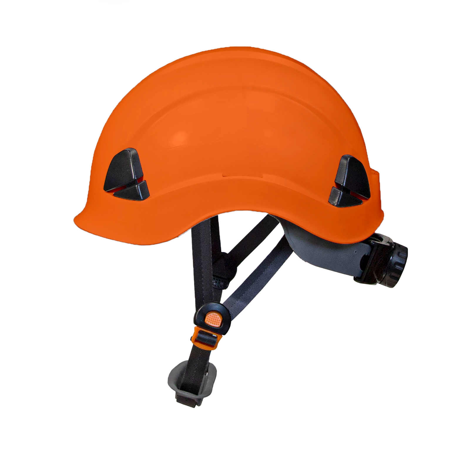 Side view of the Jorestech orange mountable helmet without the attachments