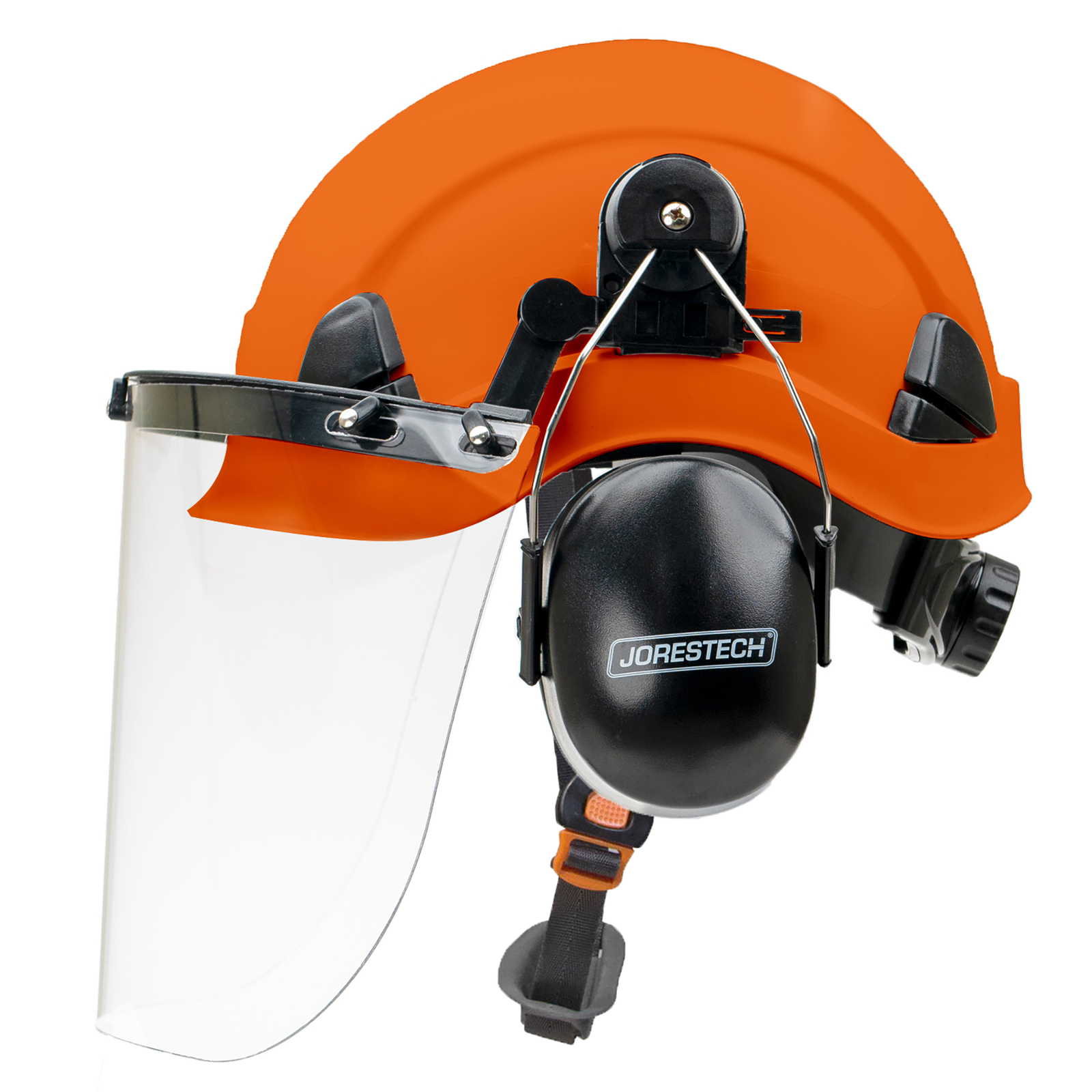 Side view of the Jorestech orange 3-in-1 helmet system with mountable face shield and earmuffs