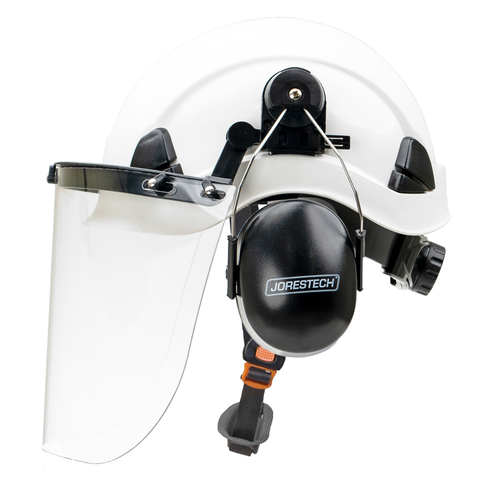 Side view of the Jorestech white 3-in-1 helmet system with mountable face shield and earmuffs