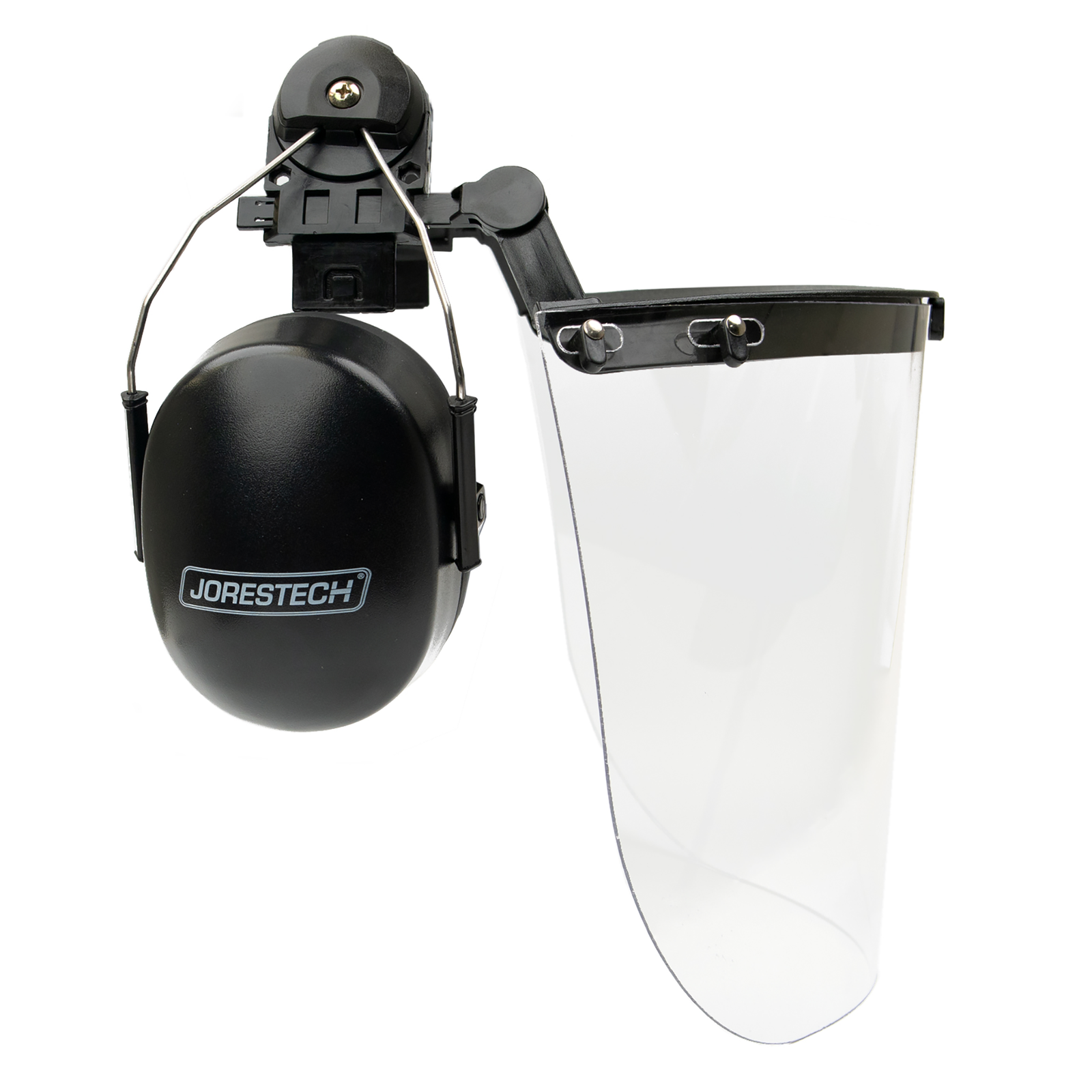 Image of the plastic shield and earmuffs that are compatible with the jorestech hard hat