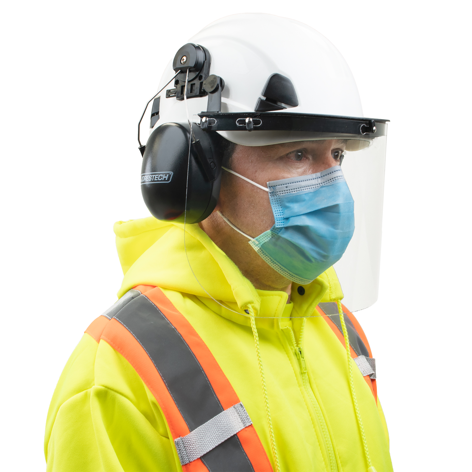 Image of a man wearing the Jorestech white 3-in-1 helmet with a mounted face shield and earmuffs. He is standing in front of a white background and is wearing a face mask and hi-vis sweater