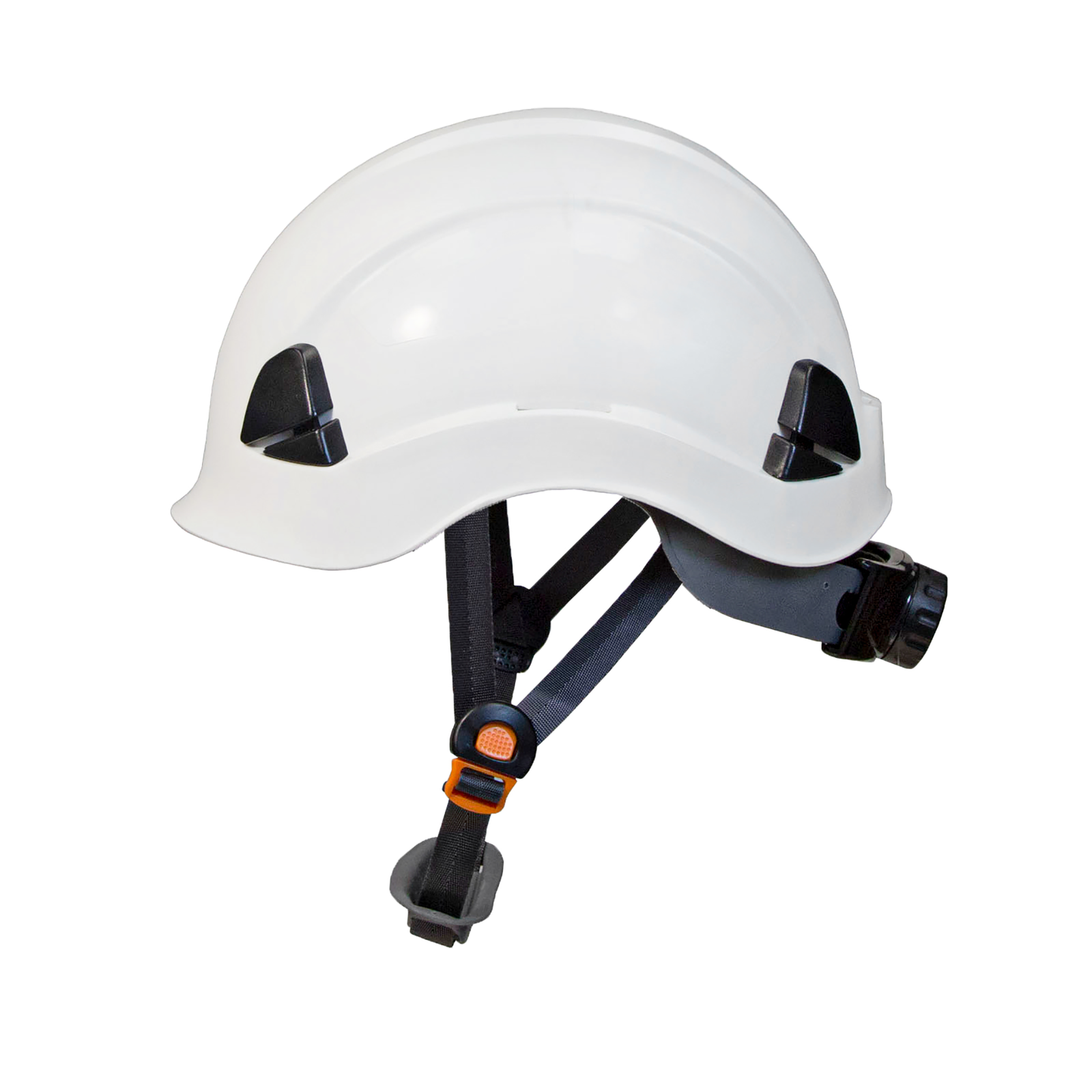 Side view image of the Jorestech white mountable helmet without the attachments