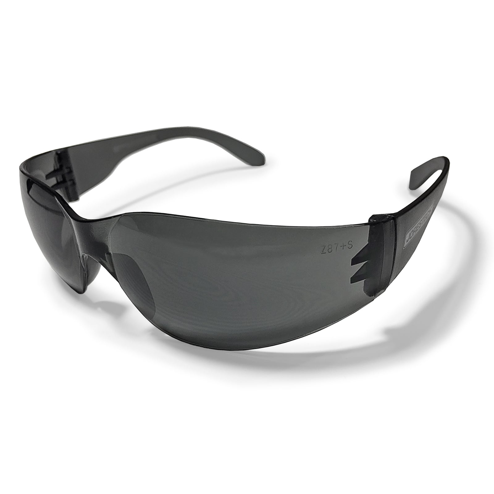 Features one JORESTECH high impact glass with smoke polycarbonate lenses and smoke temples over white background