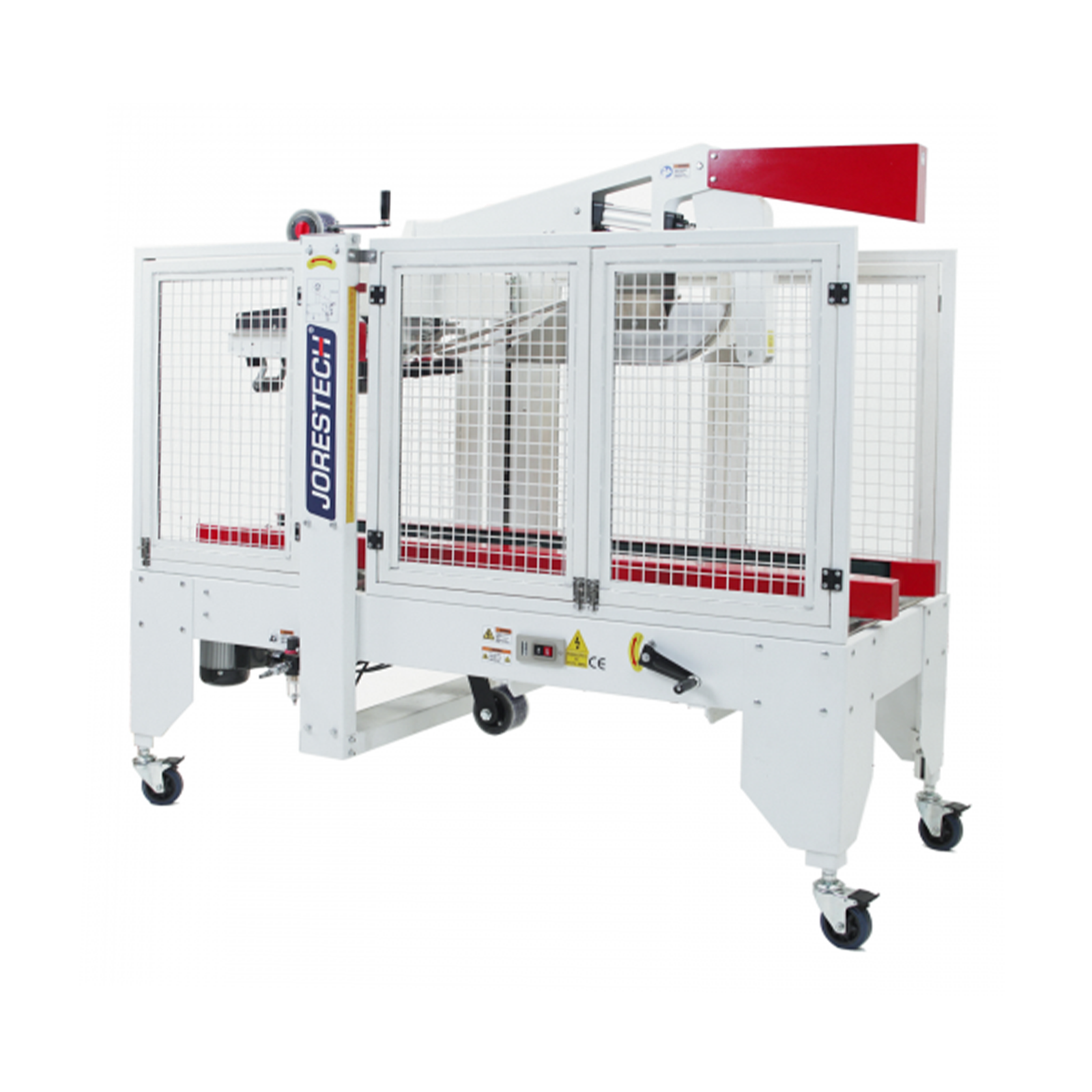 Semi-automatic case sealer machine with red side traction bars by JORES TECHNOLOGIES® 