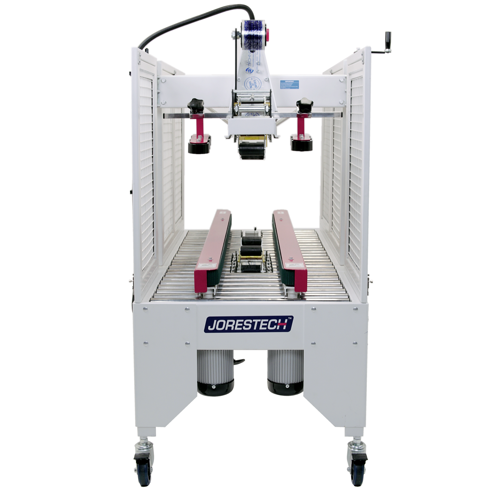 Semi-automatic case sealer machine with red side traction bars and tape dispensers on top and bottom 