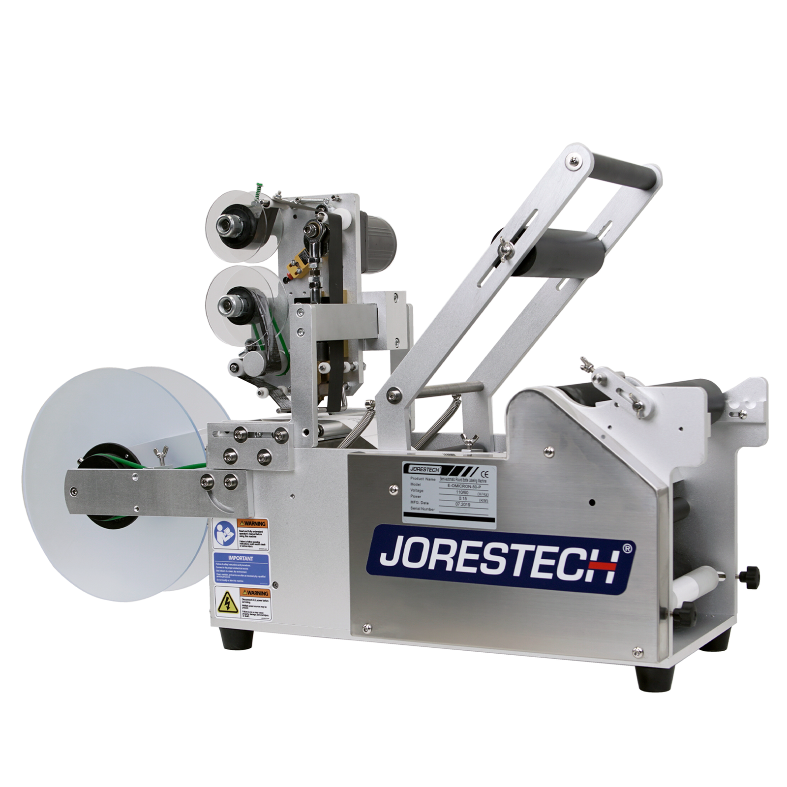 Semi-automatic label applicator for round bottles with integrated printer by JORES TECHNOLOGIES®