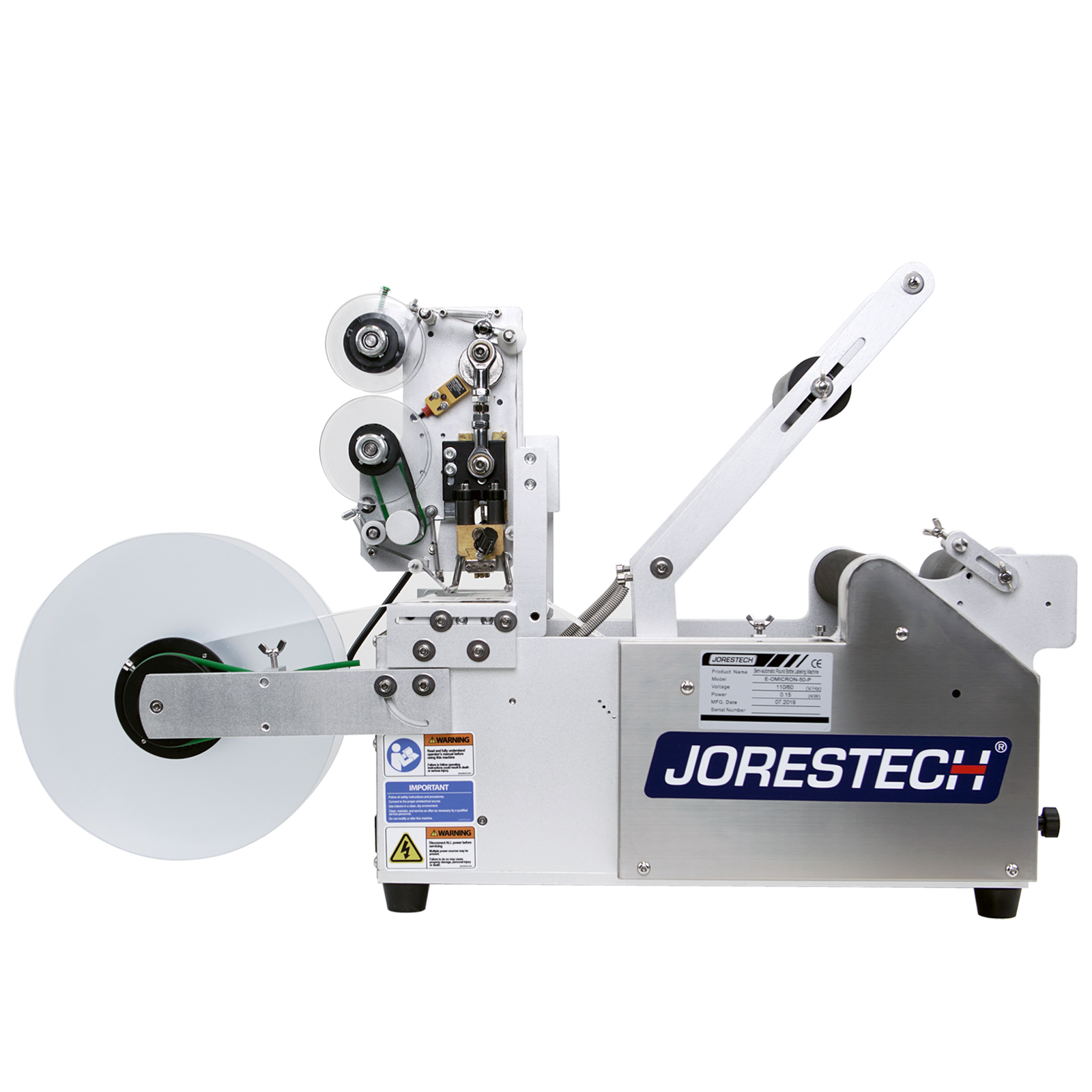 front view of label applicator with its printer and the roll dispenser. Also shown in the image a set of warning decals and a blue and white Jorestech Logo