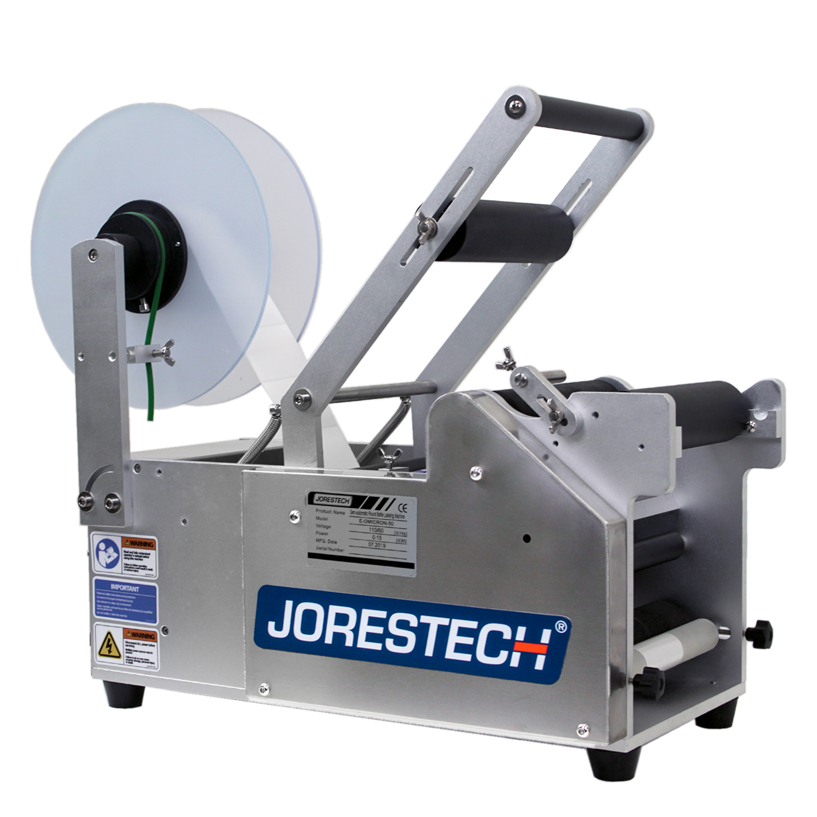 Semi automatic label applicator for round containers. Labeler has a JORES TECHNOLOGIES® logo, safety stickers with instructions and large clear blue roll dispenser with self adhesive labels
