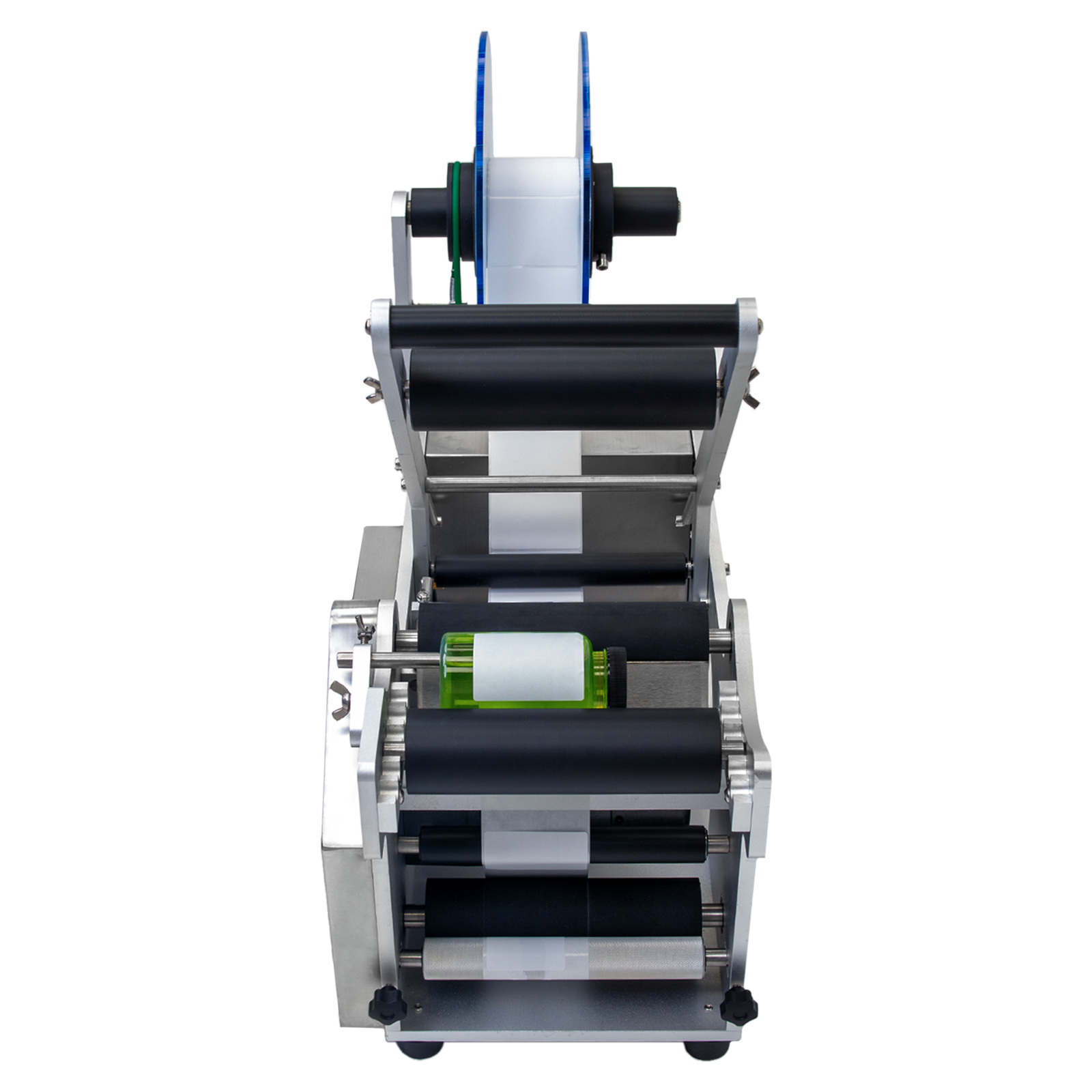 top view of the semi-automatic label applicator with a roll of white labels installed in the machine