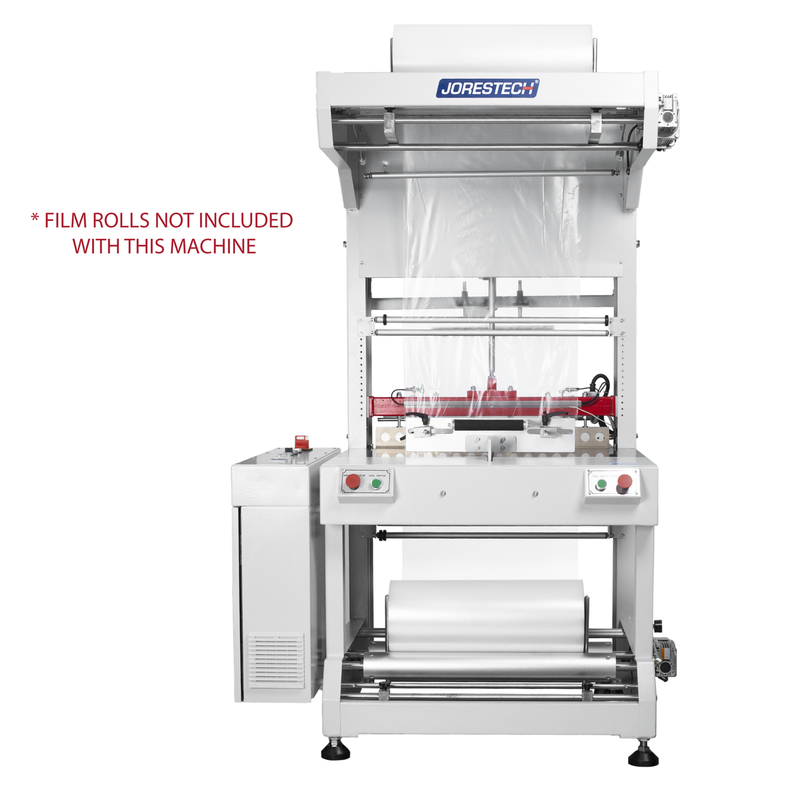 JORESTECH semi automatic sleeve film sealer shown in a frontal view over white background. Theres a red text that reads “film rolls not included with this machine”