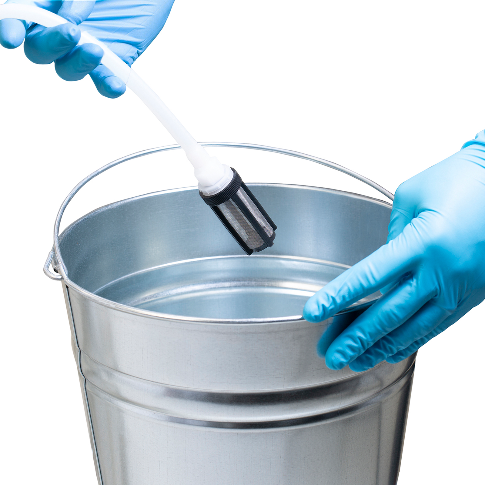 Closeup of the suction hose showing the detail of the filter head before being inserted into a bucket of liquid product