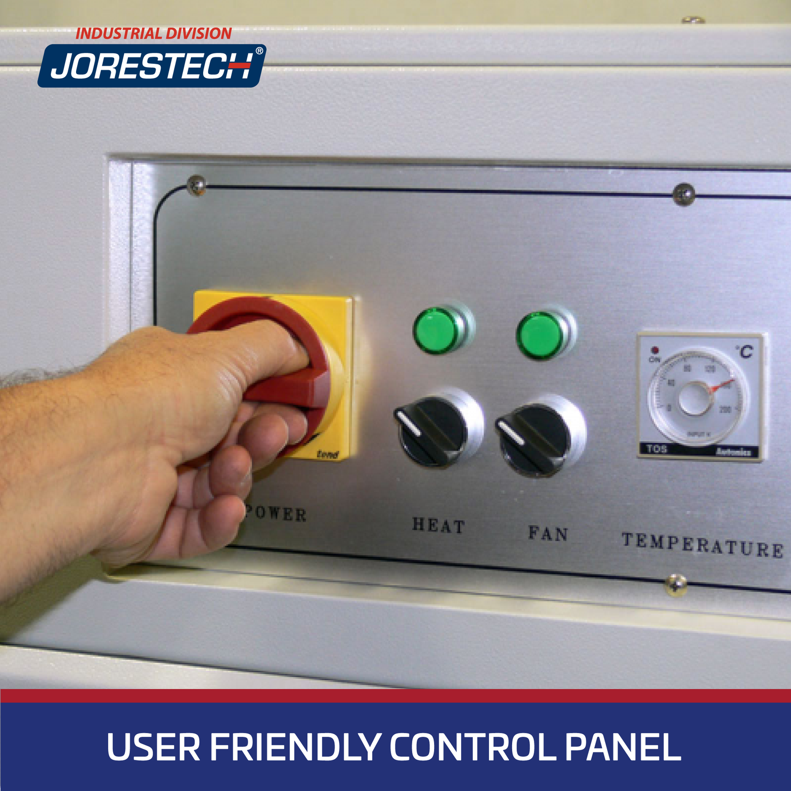 Close-up of the control panel of the heat wrapping shrink tunnel. There’s white text over blue background that reads “User Friendly Control Panel” 