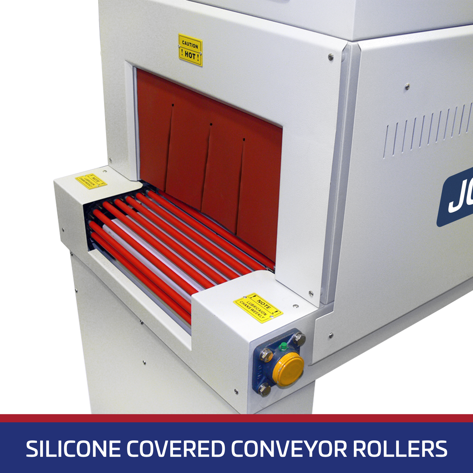 Close-up of the tunnel entrance showing the rollers of the shrink tunnel. There’s white text over blue background that reads “Silicone Covered Conveyor Rollers”