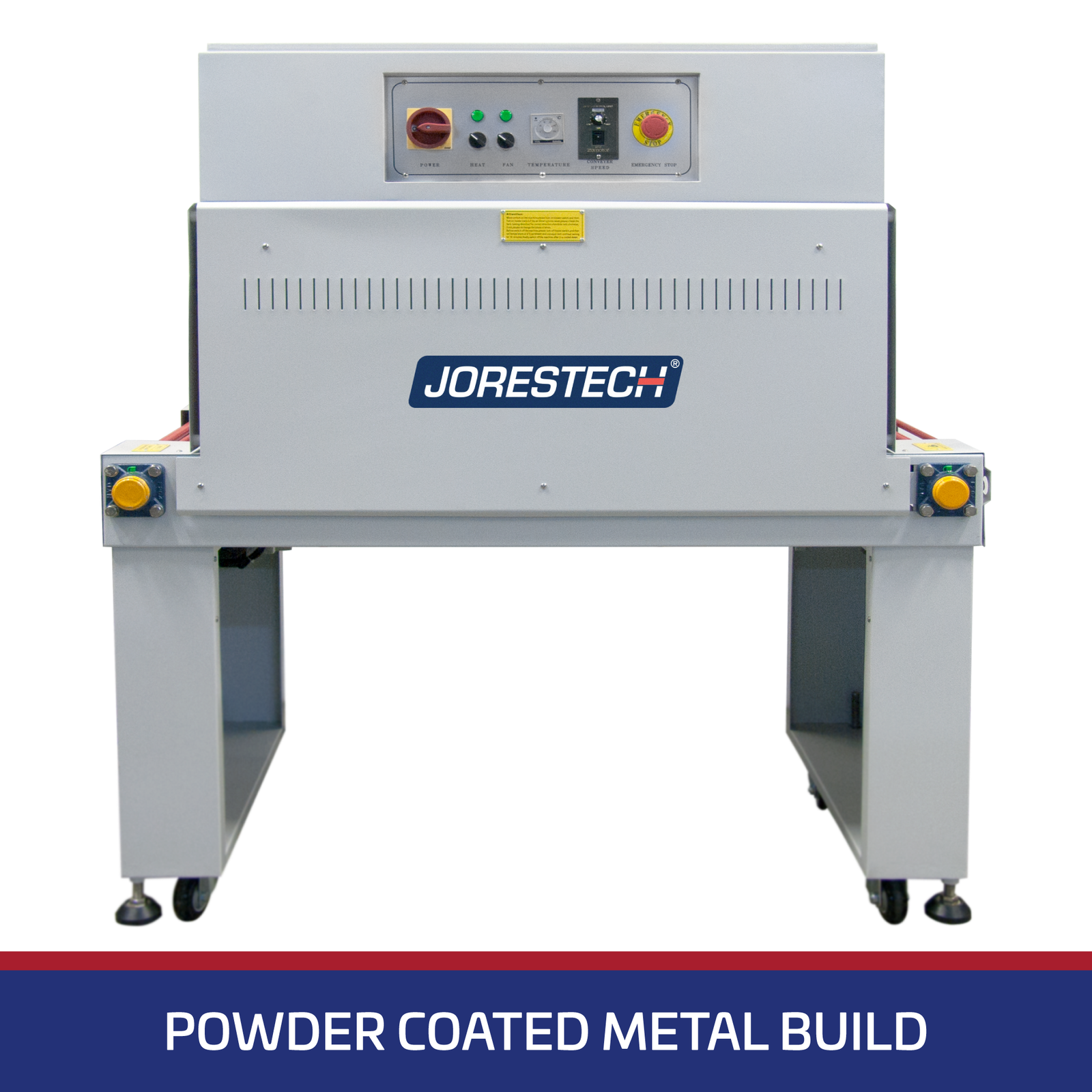 JORESTECH Shrink wrapping heat tunnel machine shown in a frontal view over white background. There’s a white text over blue background that reads “Powder Coated Metal Build”