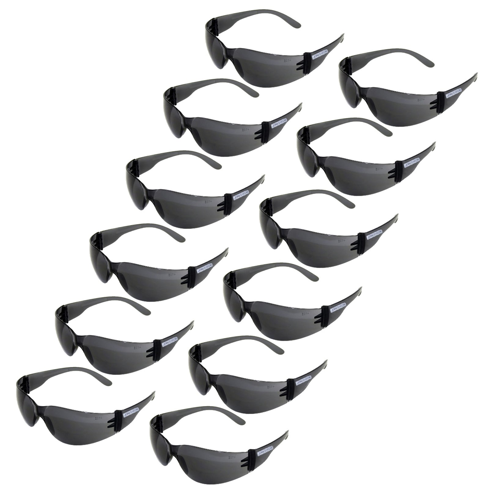Set of 12 smoke JORESTECH Safety High Impact Glasses over white background