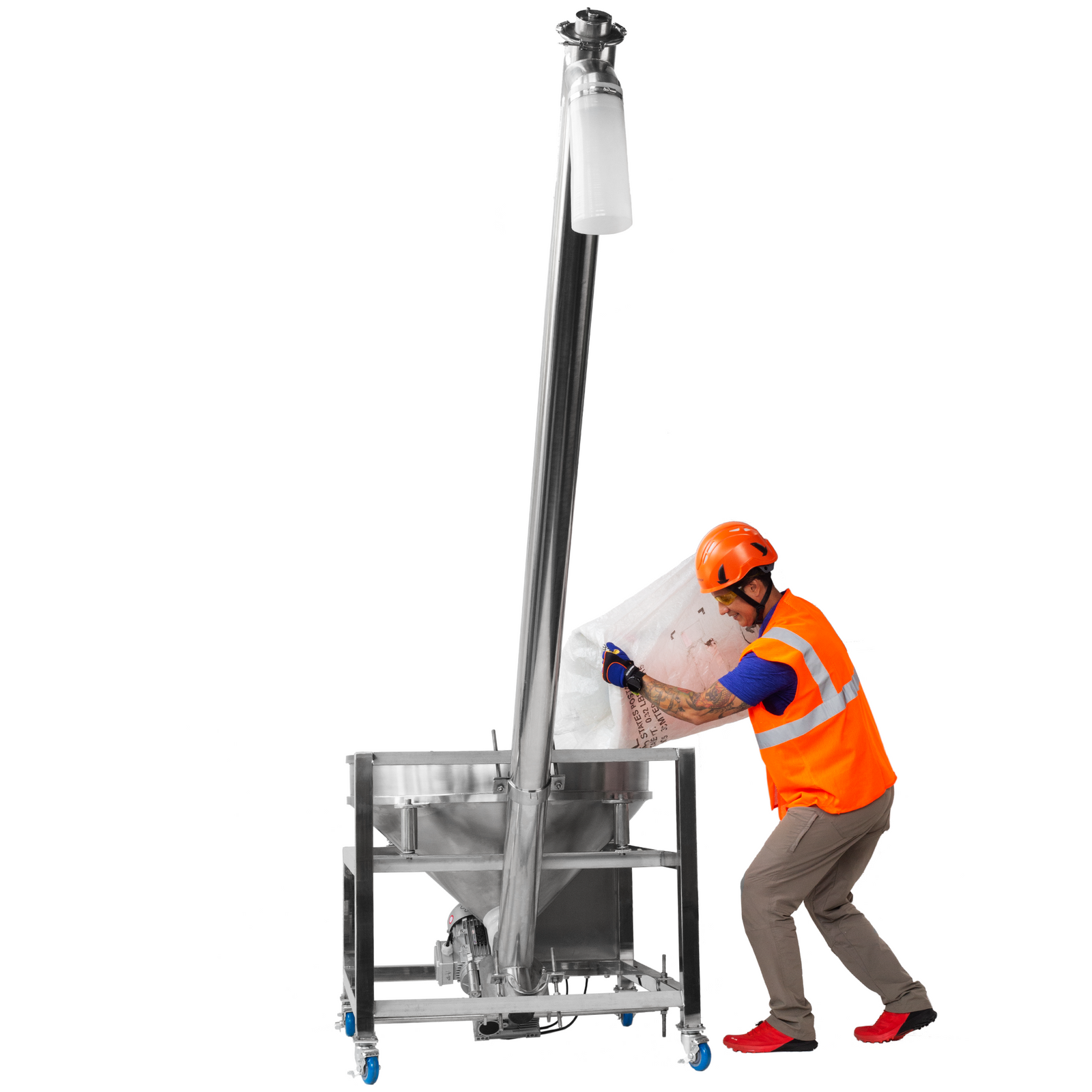 Worker wearing an orange hard hat and a high visibility orange PPE vest filling a non-free-flowing bulk powder into the vibrating hopper of a JORES TECHNOLOGIES® Screw conveyor auger feeder