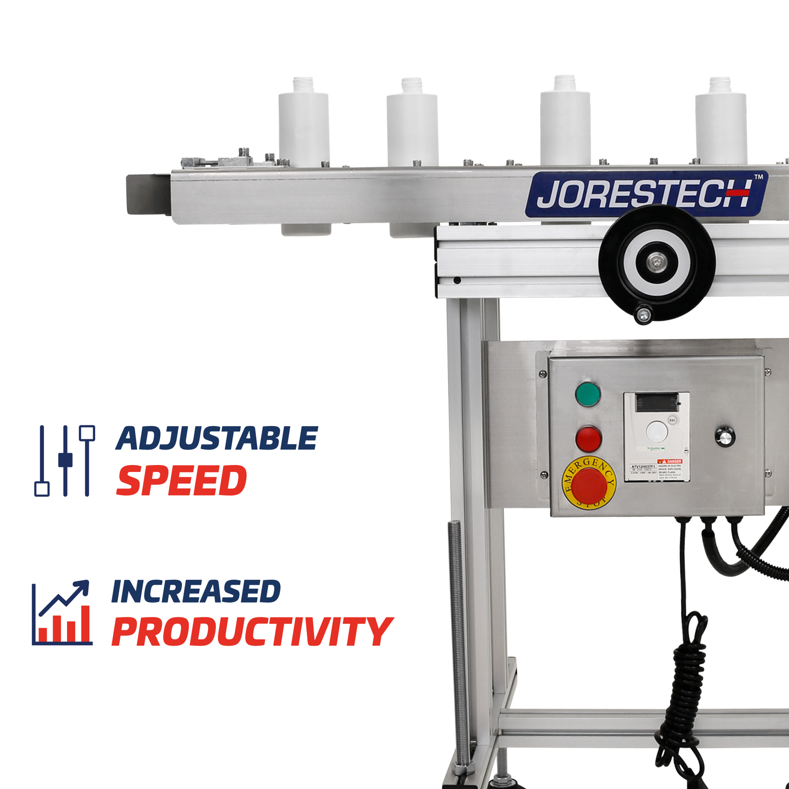 View of the JORES TECHNOLOGIES® Stainless steel bottomless conveyor with side belts transporting white plastic containers. Icons read adjustable speed and increased productivity.  