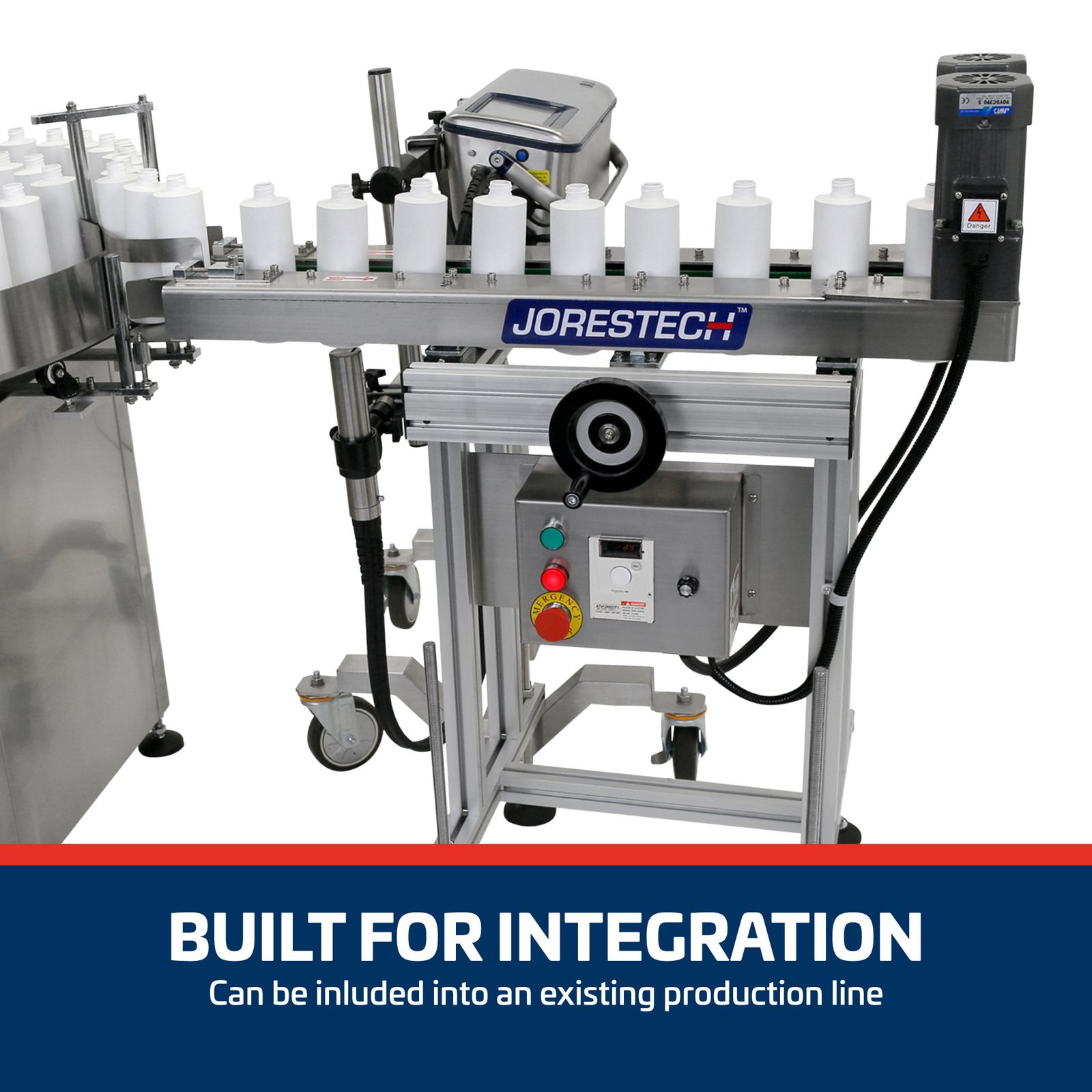 The Stainless steel JORES TECHNOLOGIES® bottomless conveyor with side belts integrated with an inkjet printer and a rotary table while printing a large number of white plastic containers. Banner bellow reads: Built for integration can be included into an existing production line