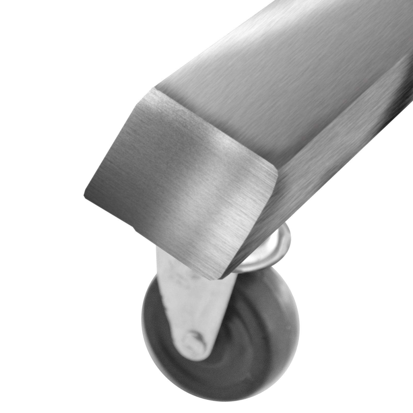 close up of casters of stainless steel stand for continuous band sealer