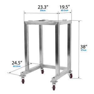 Infographic with the measurements of the stainless steel stand for the JORES TECHNOLOGIES® single head linear weigher Parallax 113; 38 x 23.3 x 19.5 inches