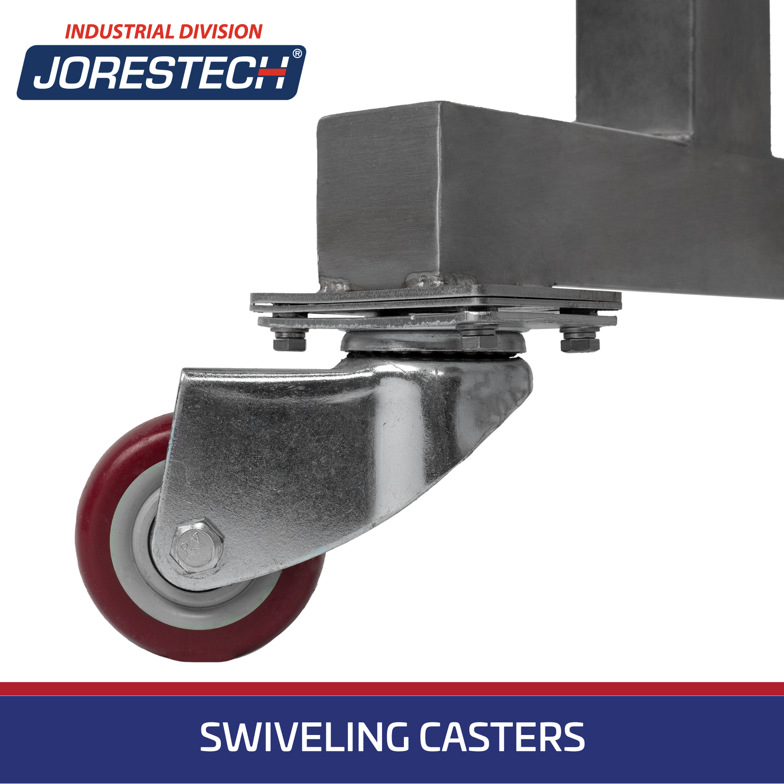 Closeup of the wheels or casters for the stainless steel stand for JORES TECHNOLOGIES® parallax 113. Text over blue background reads: Swiveling Casters