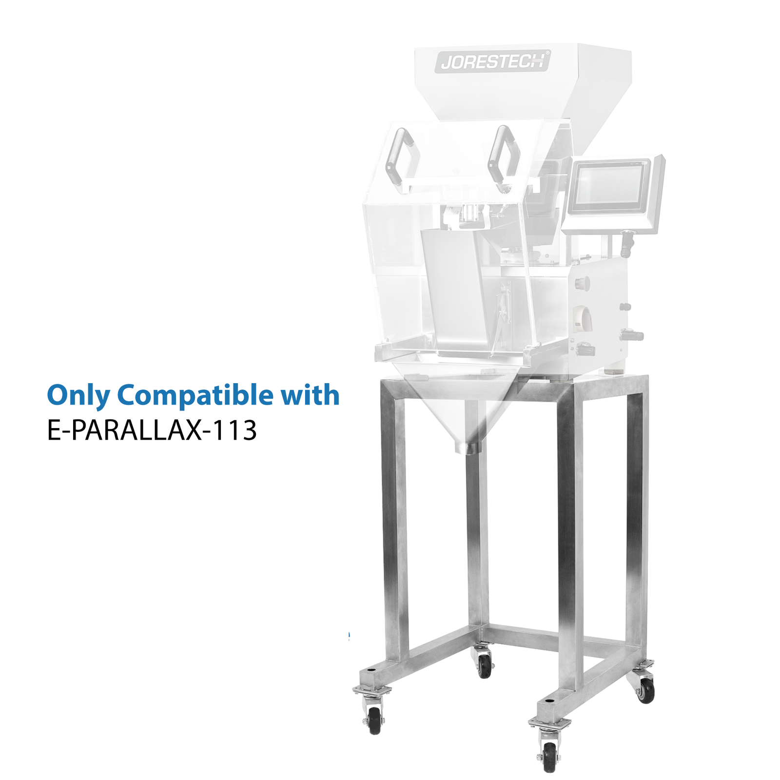 Stainless steel jorestech linear weigher can be seen with watercolor / transparency. It is placed on top of a stainless steel base. A blue text reads Only Compatible with E-PARALLAX-113