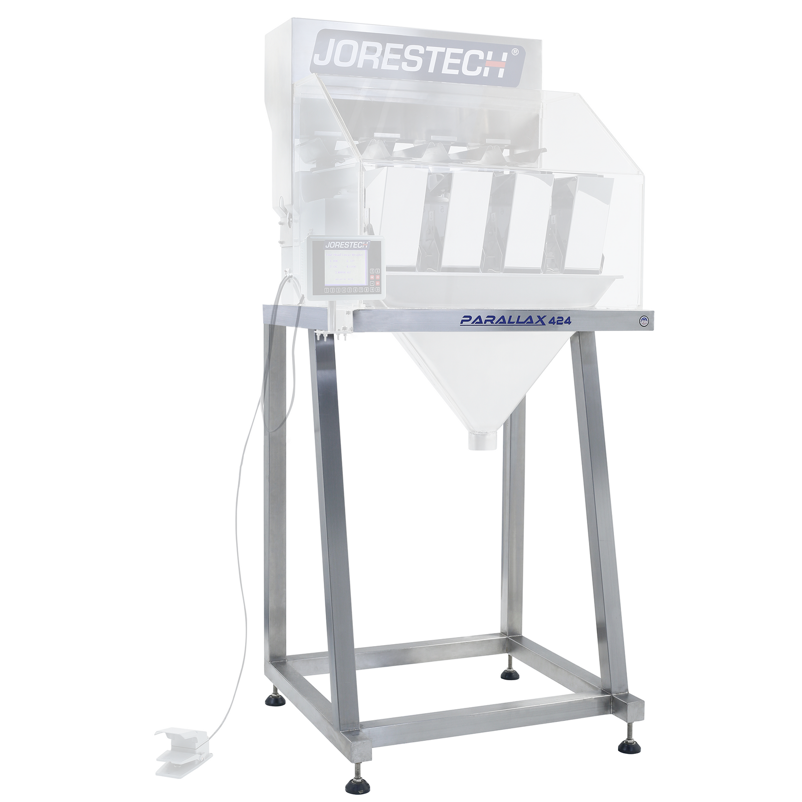 Base for the jorestech 4 head linear weigher shown in a diagonal view
