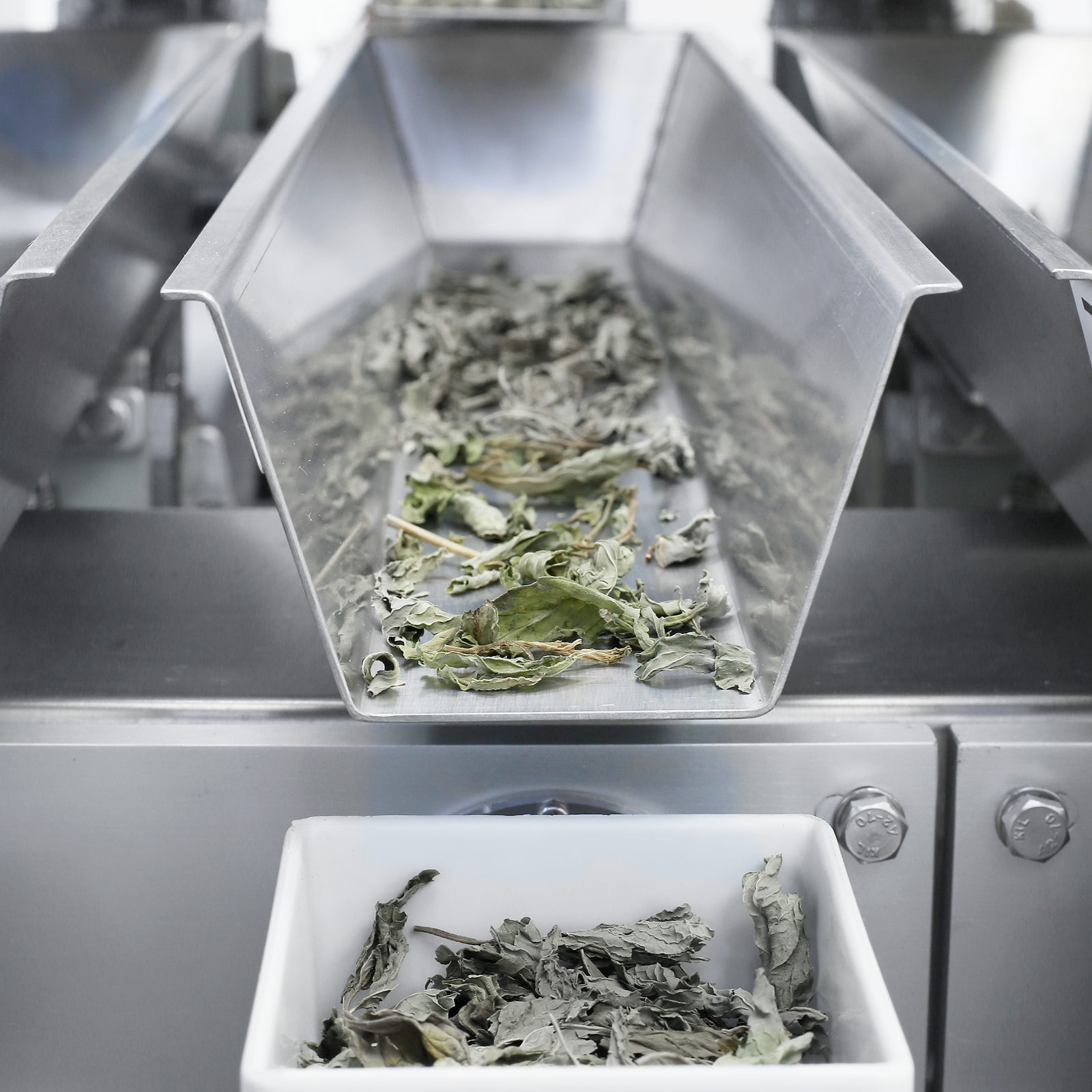 Close-up of a JORES TECHNOLOGIES® four head linear weigher measuring and dispensing herbs or spices