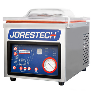 Stainless steel JORESTECH tabletop commercial chamber vacuum sealer with one sealing bar. Bracket is holding the lid in a closed position and a blue and red control panel with a modern design