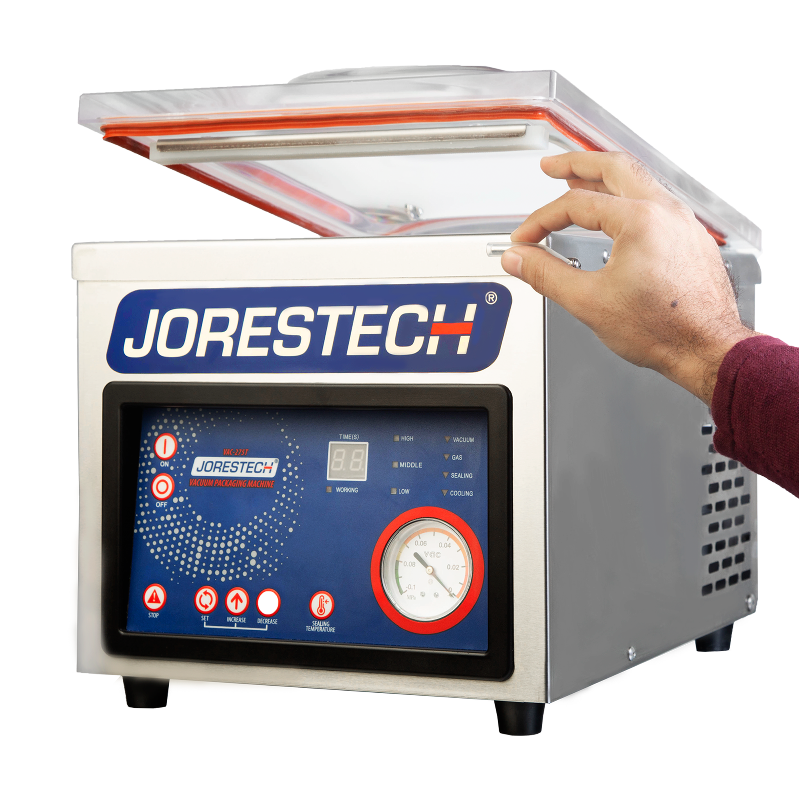 Hand of a person operating the stainless steel table top commercial single chamber vacuum sealer with one seal bar