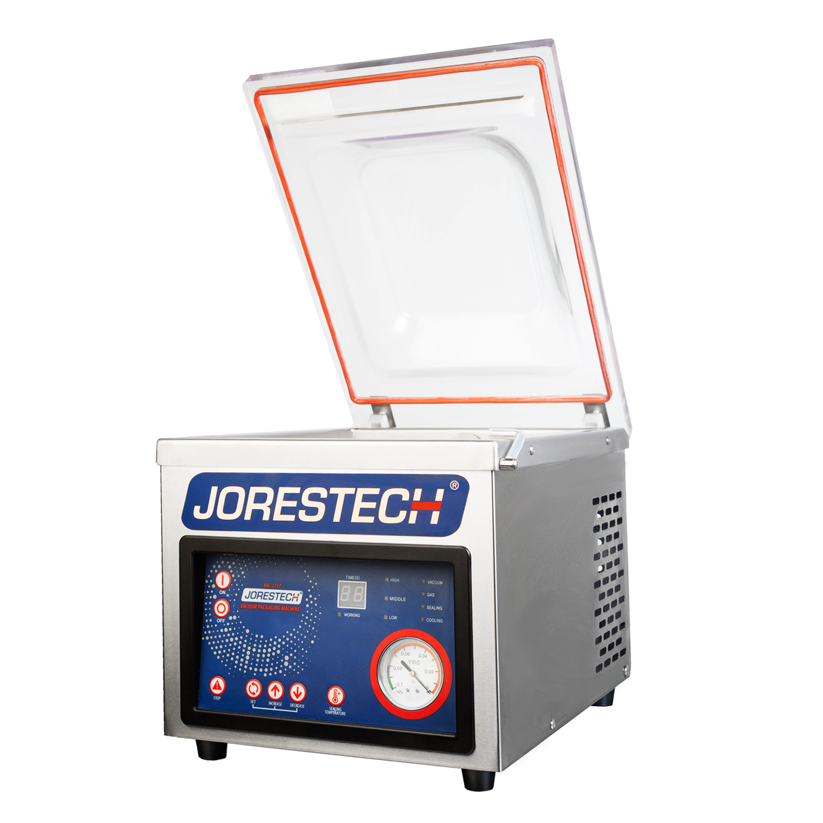 Side of the stainless steel JORESTECH tabletop commercial chamber vacuum sealer with one seal bar and the lid wide open