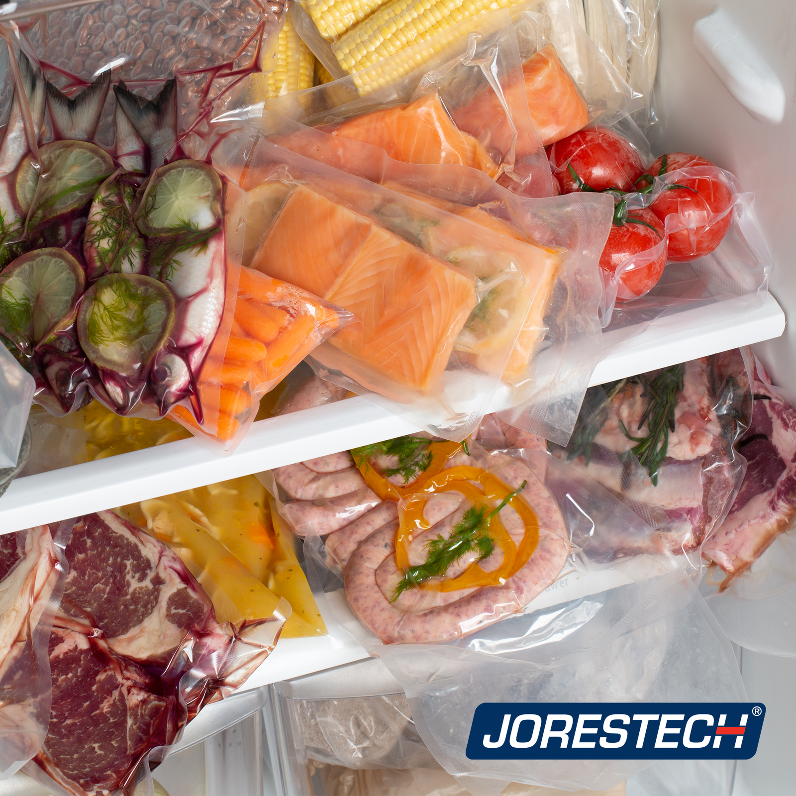  Freezer with a large variety of product vacuumed with a stainless steel JORES TECHNOLOGIES® vacuum sealer. Some of the products are: meat, fish, sausages, vegetables and soup