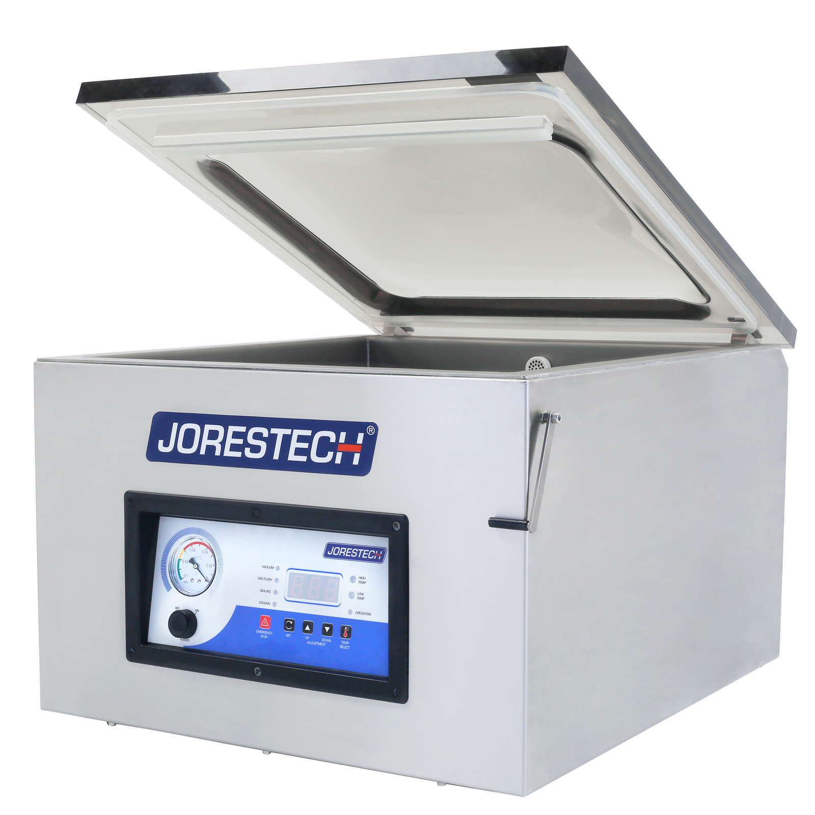 Side of the stainless steel JORES TECHNOLOGIES® tabletop single chamber vacuum sealing machine