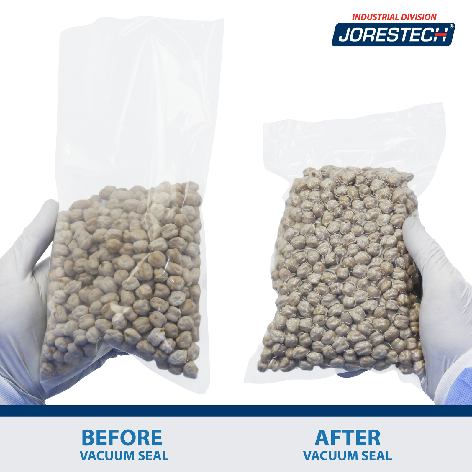 To the left, an open bag with chic peas inside. Text below reds: before vacuum seal. To the right of the image the same bag of chic peas vacuum sealed, text reads: after vacuum seal. The bag is now vacuum sealed and the chic peas look neatly packed and very compacted