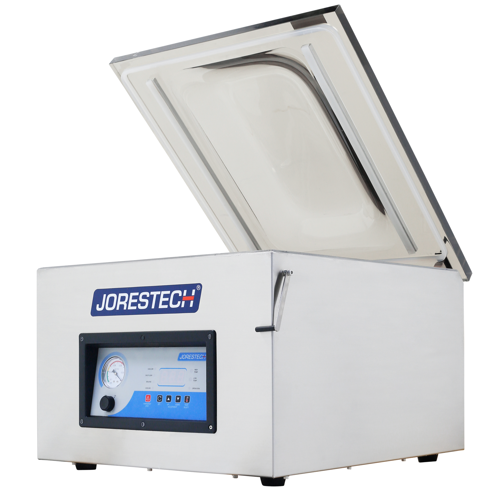 Side of the stainless steel JORES TECHNOLOGIES® tabletop commercial single chamber vacuum sealer with dual seal bar. Vacuum machine has the lid open