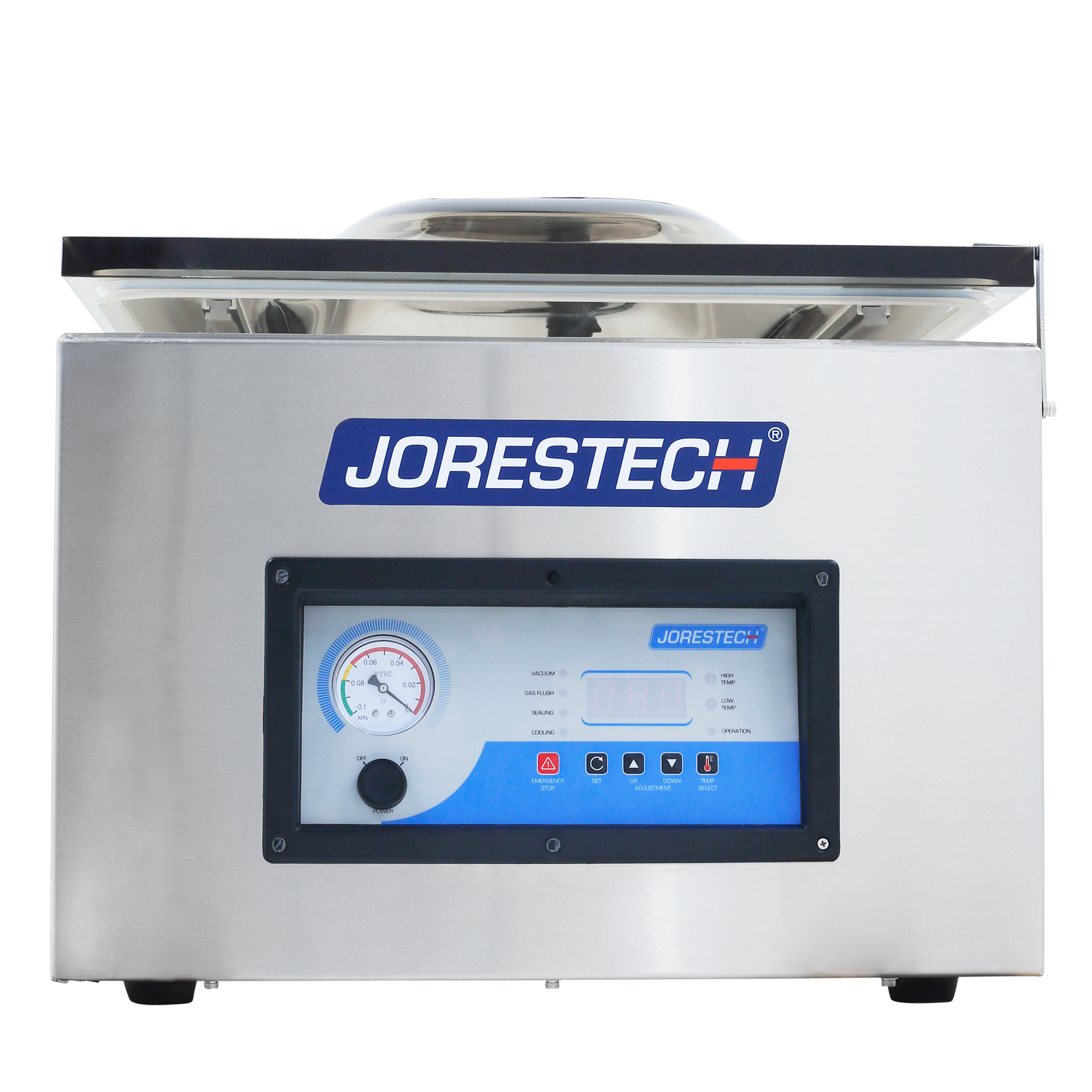 Front of the stainless steal JORESTCH tabletop commercial single chamber vacuum sealer with dual seal. The lid of the vacuum sealer is closed with the holding bracket