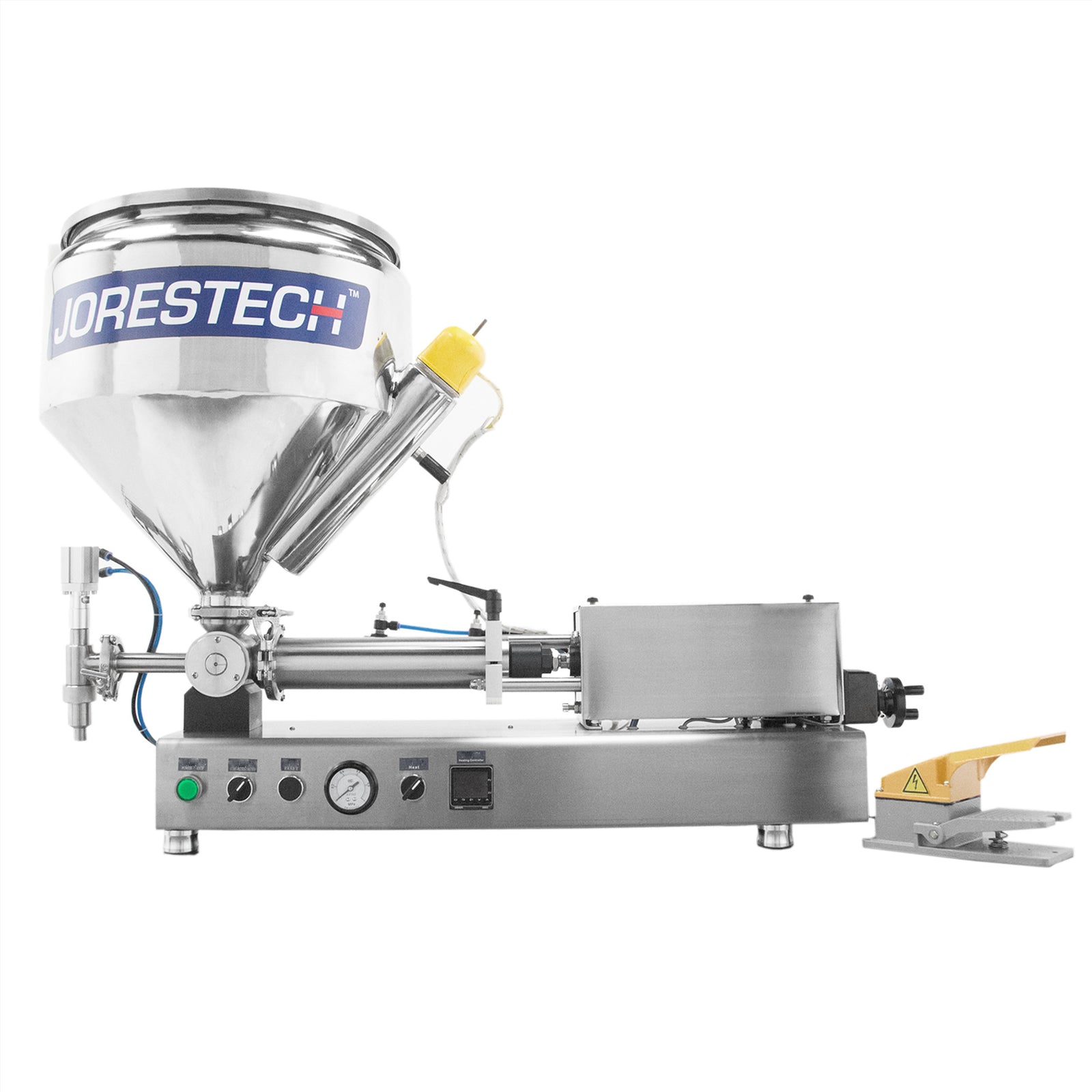 Stainless steel High Viscosity Heated Hopper Piston Filler with foot pedal for pastes by JORES TECHNOLOGIES®