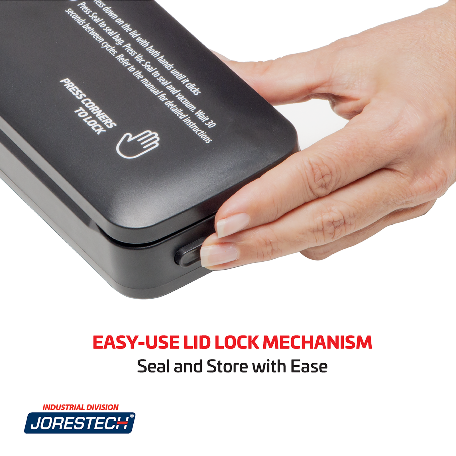 Side button used to release the vacuum sealer's lid. A red and black text reads: Easy-use lid lock mechanism - seal and store with ease.